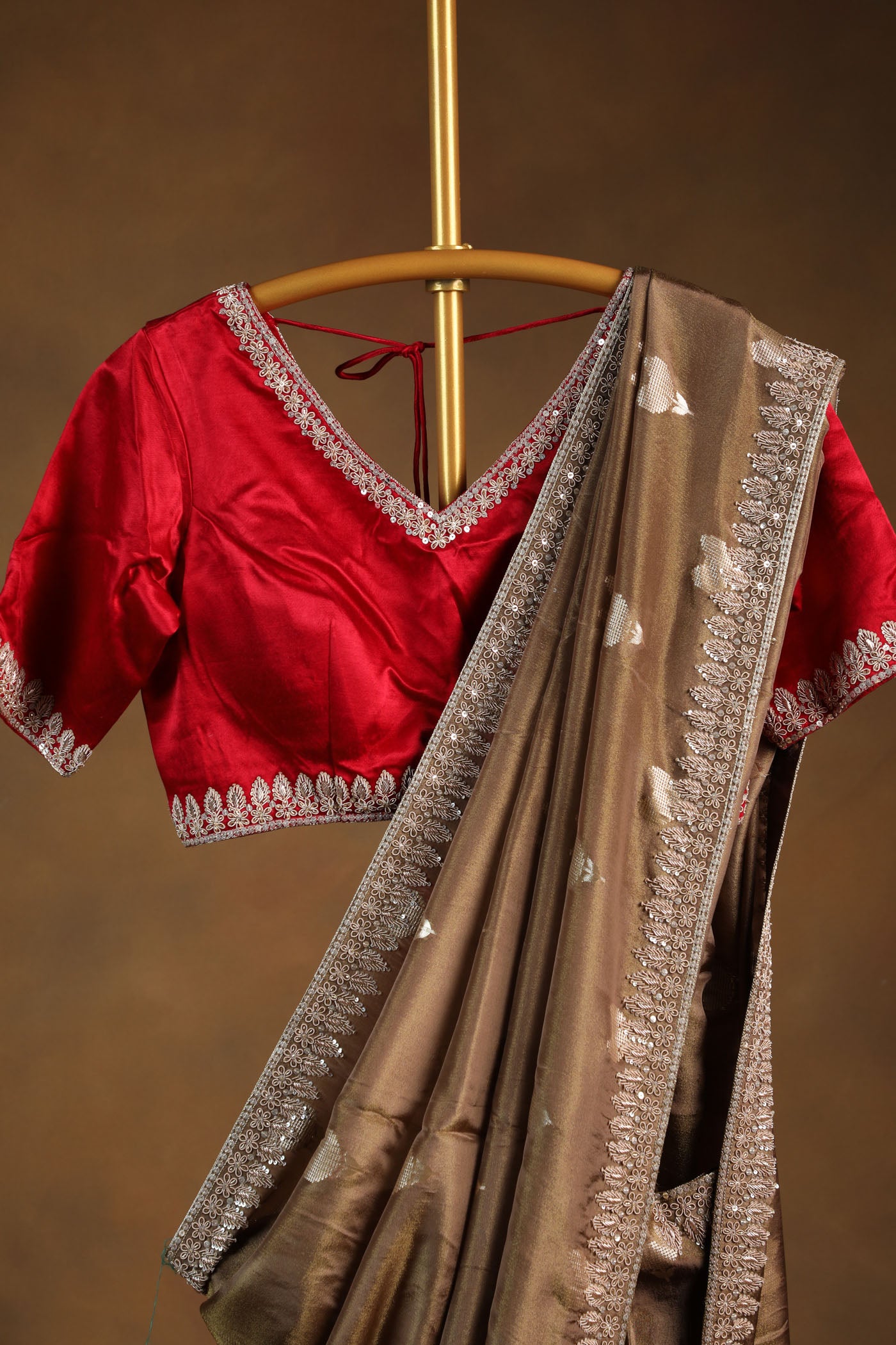 Bronze saree with Embellished satin blouse