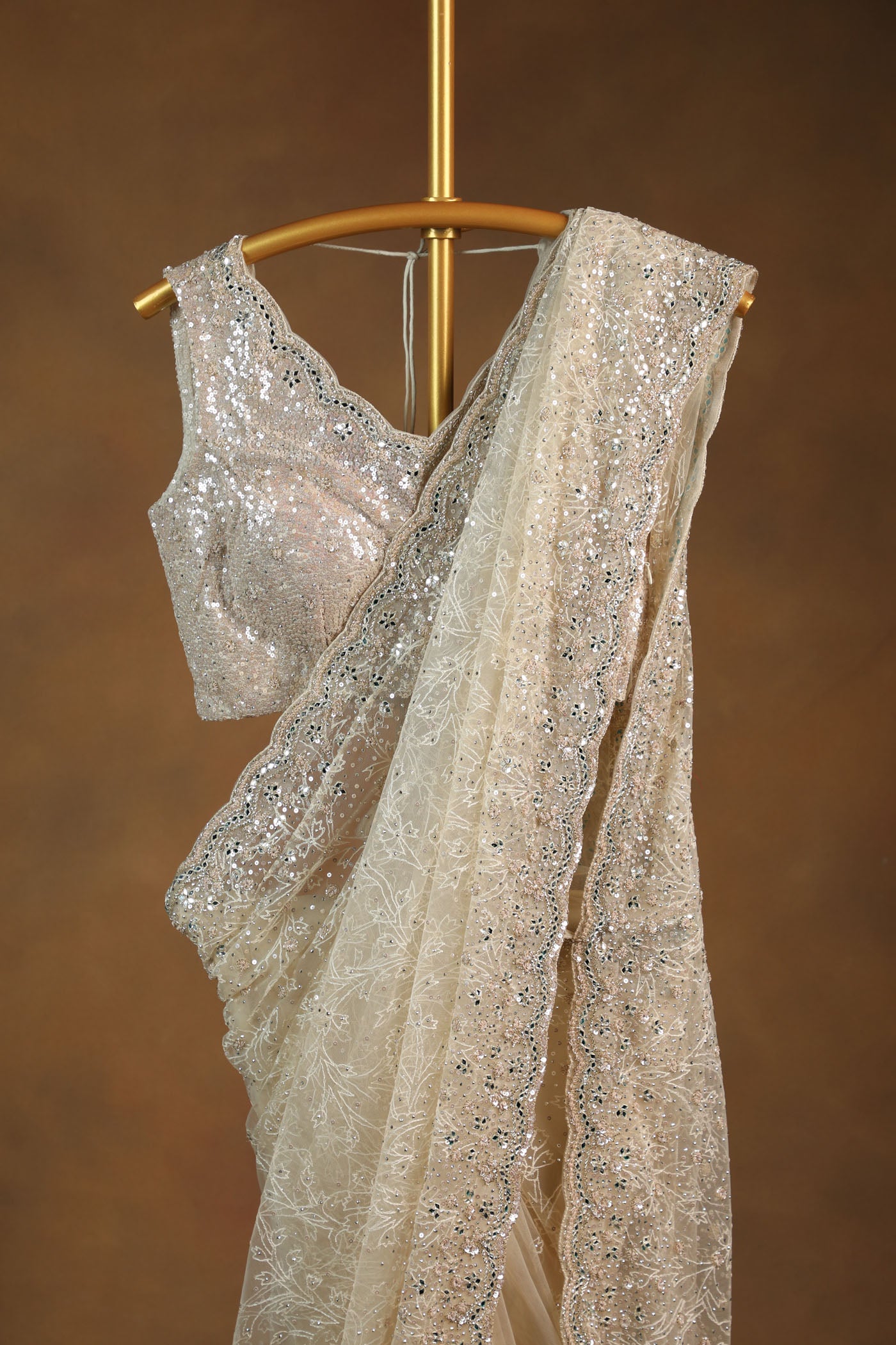 Elegant Ivory Sequin Embroidered Saree with Matching Blouse. (RTS)
