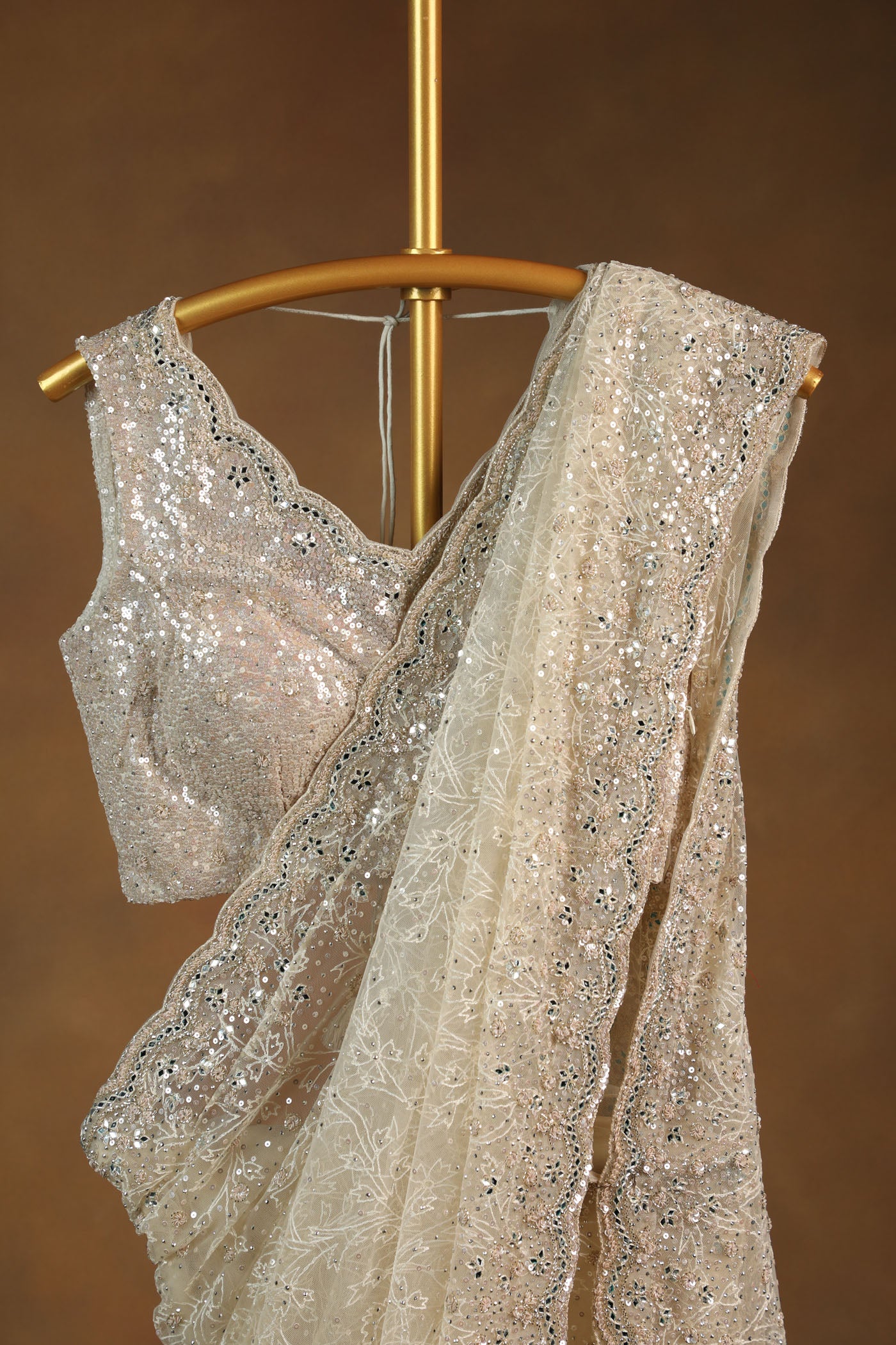 Elegant Ivory Sequin Embroidered Saree with Matching Blouse. (RTS)
