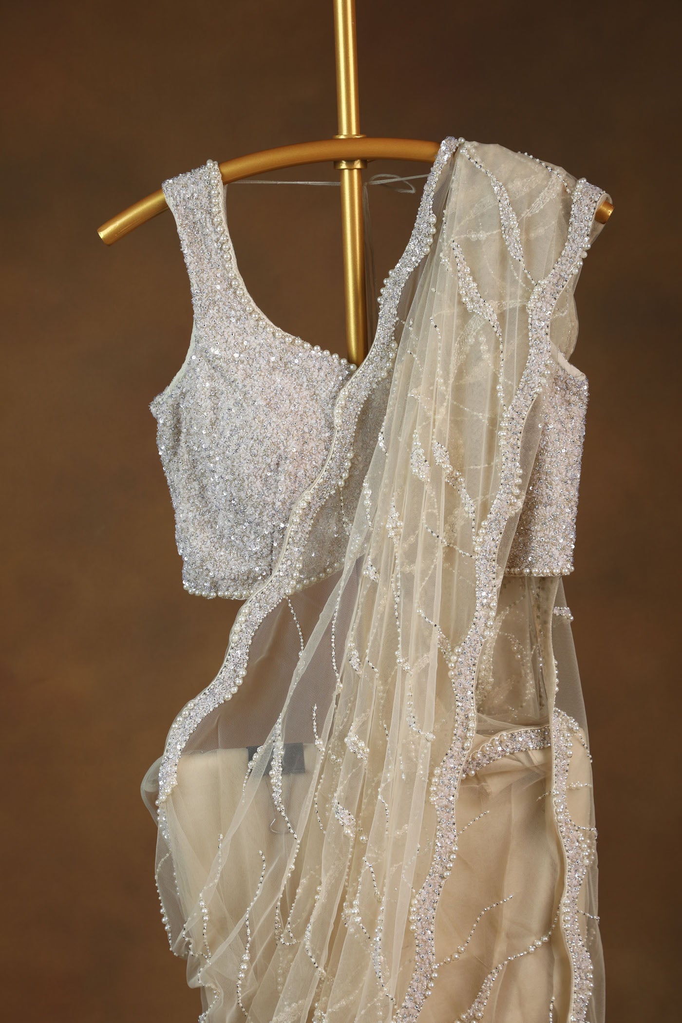 Ivory Sequin Saree with Feather-Trim and Embellished Blouse (RTS)