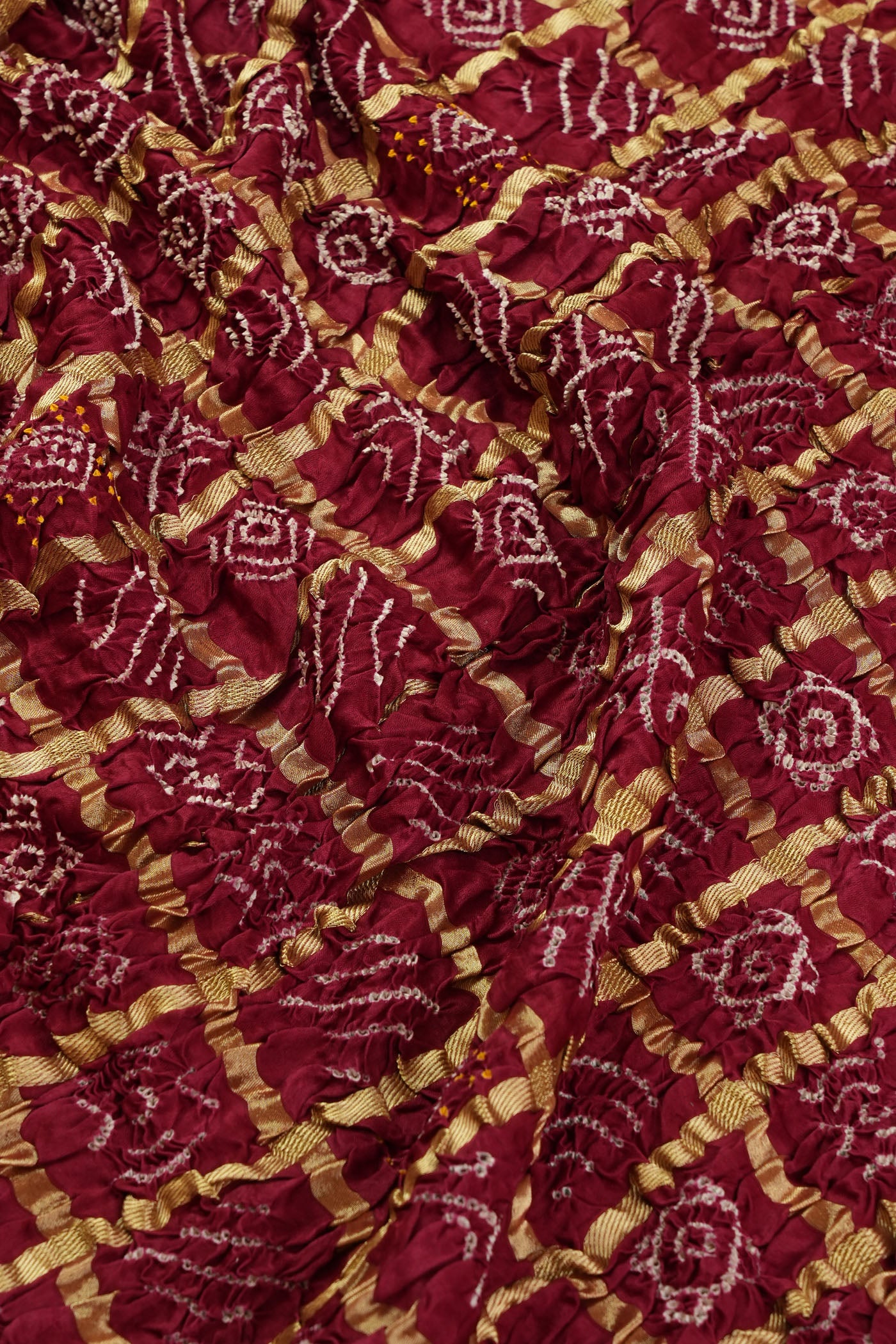 Traditional Maroon Bandhani Fabric with Zari Checks
