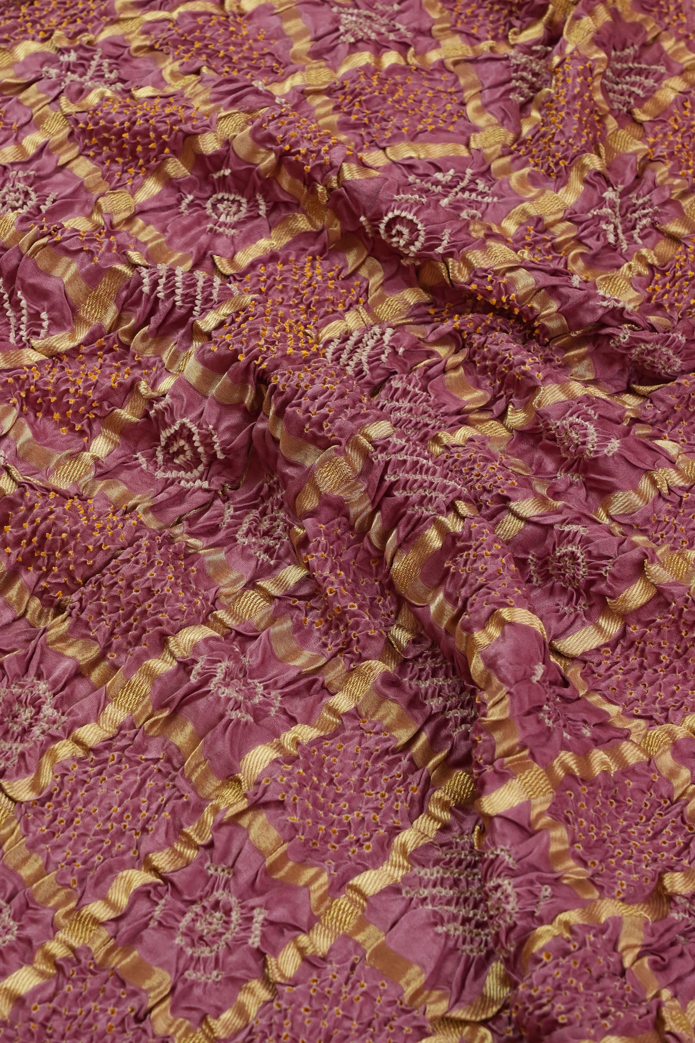 Rose Pink Bandhani Fabric with Zari checks