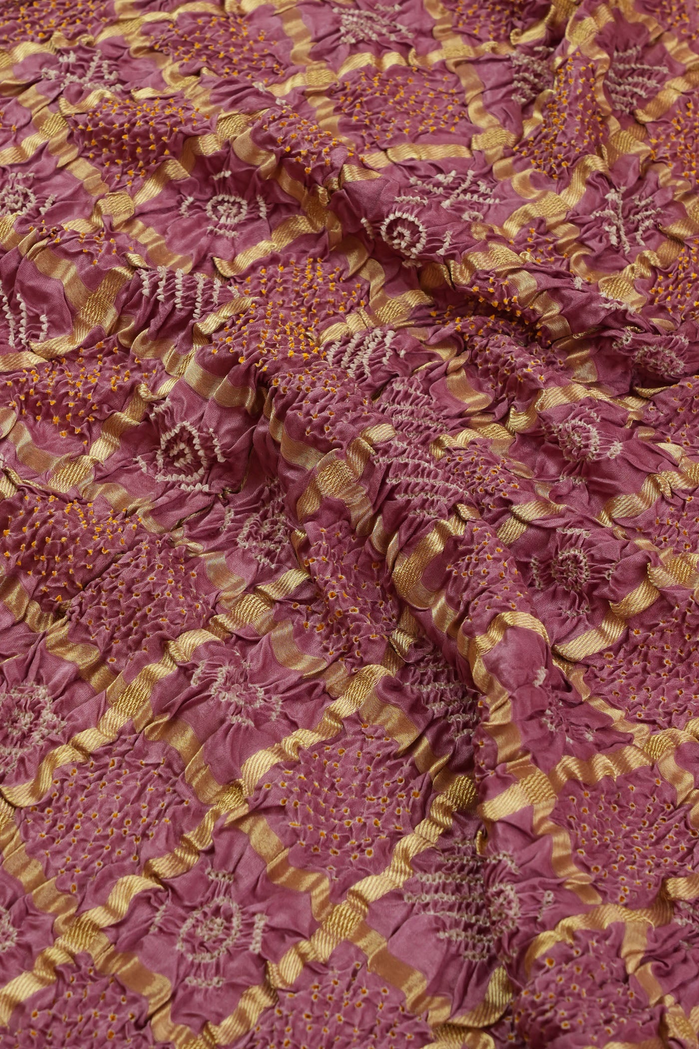Rose Pink Bandhani Fabric with Zari checks