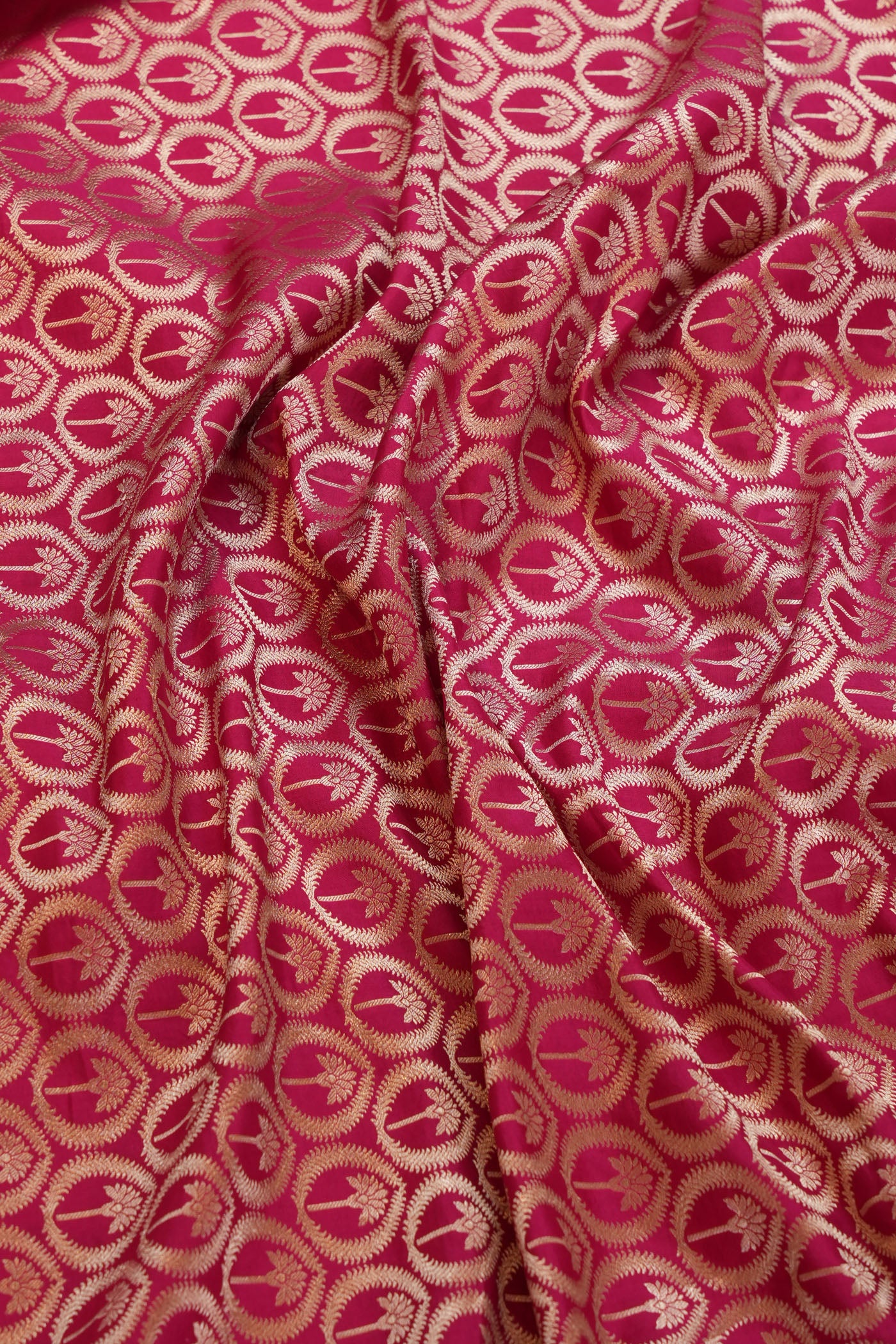 Vibrant Pink Banarasi Brocade Fabric with Golden Motif Circles