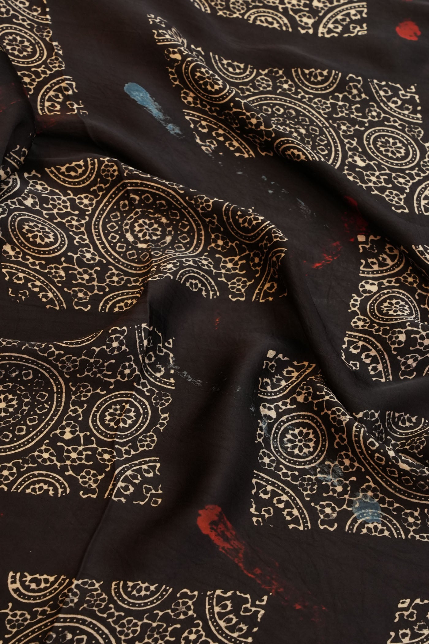 Mdnight Blue Hand-Block Printed Fabric with Abstract Brushstroke Accents