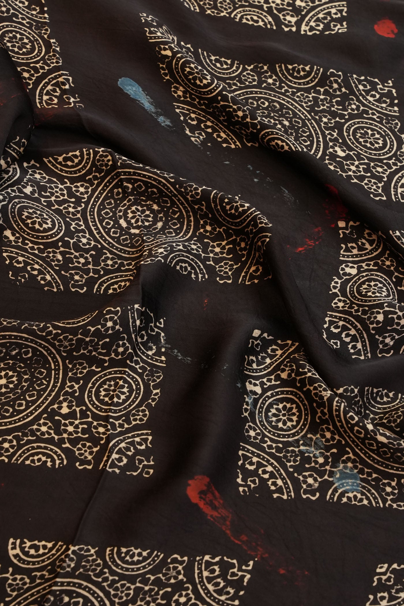 Mdnight Blue Hand-Block Printed Fabric with Abstract Brushstroke Accents