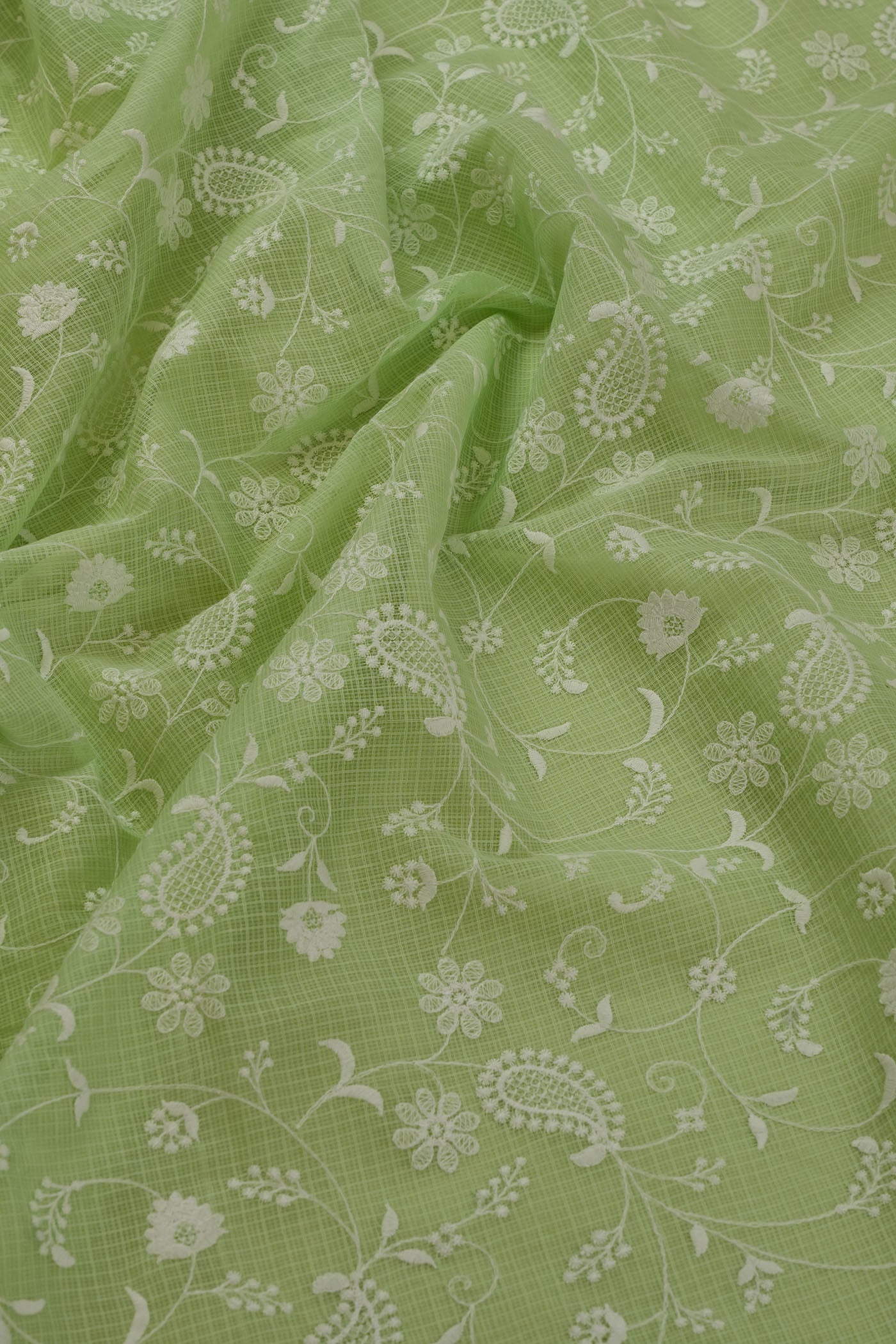 Mint Green Chikankari-Inspired Embroidered Fabric with Floral Paisley Motifs