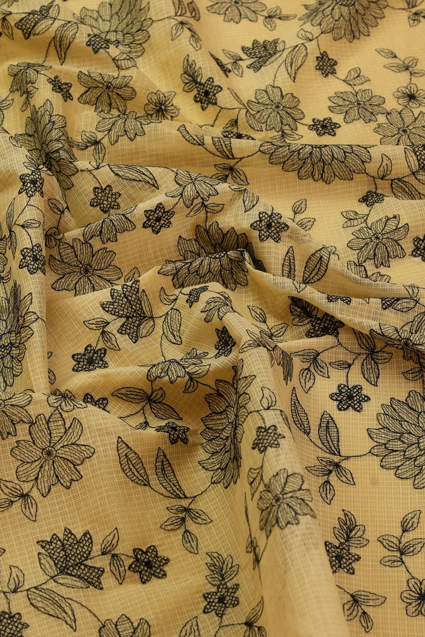 Ivory Kota Fabric with Black Floral Embroidery