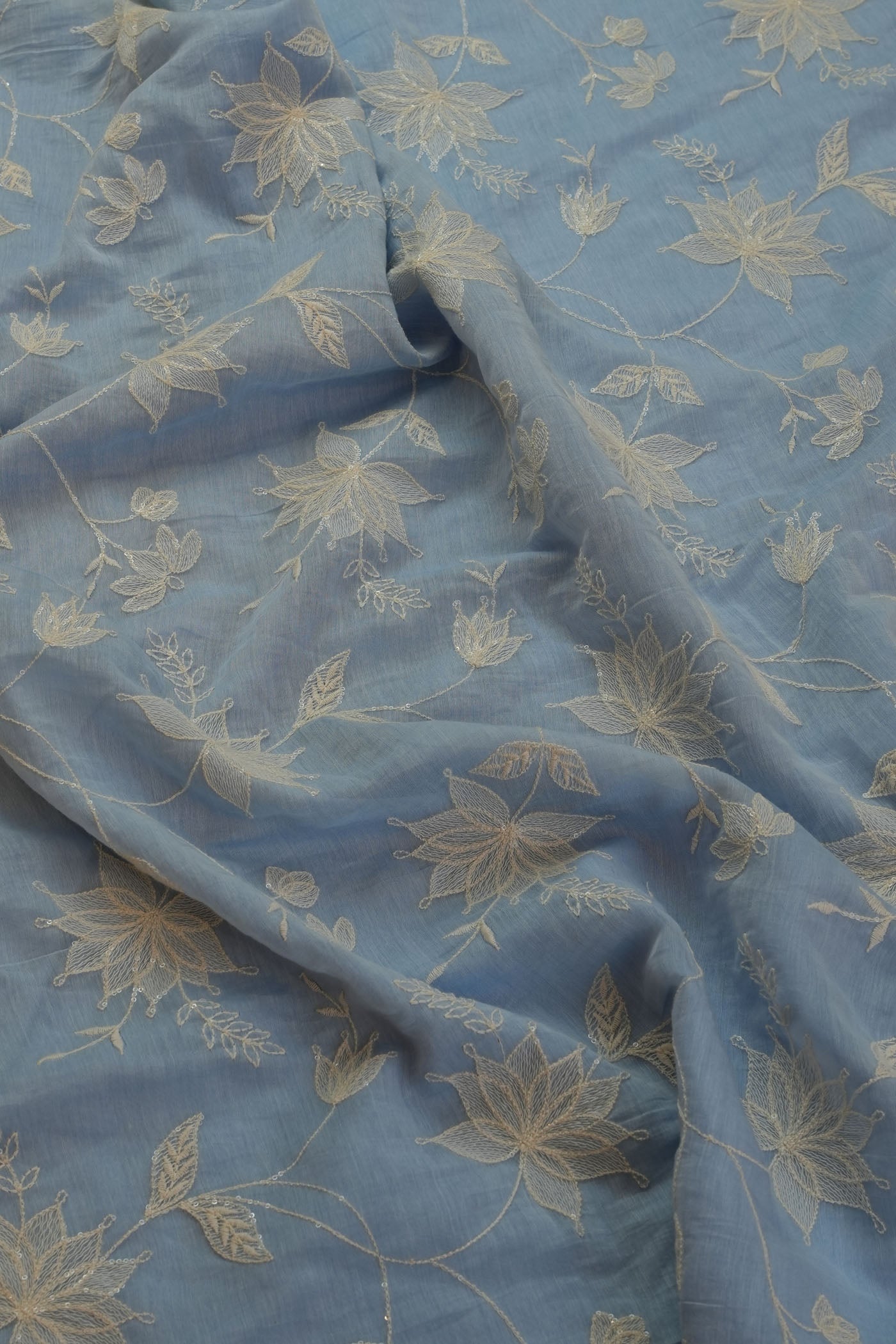 Elegant Blue Floral Embroidered Fabric