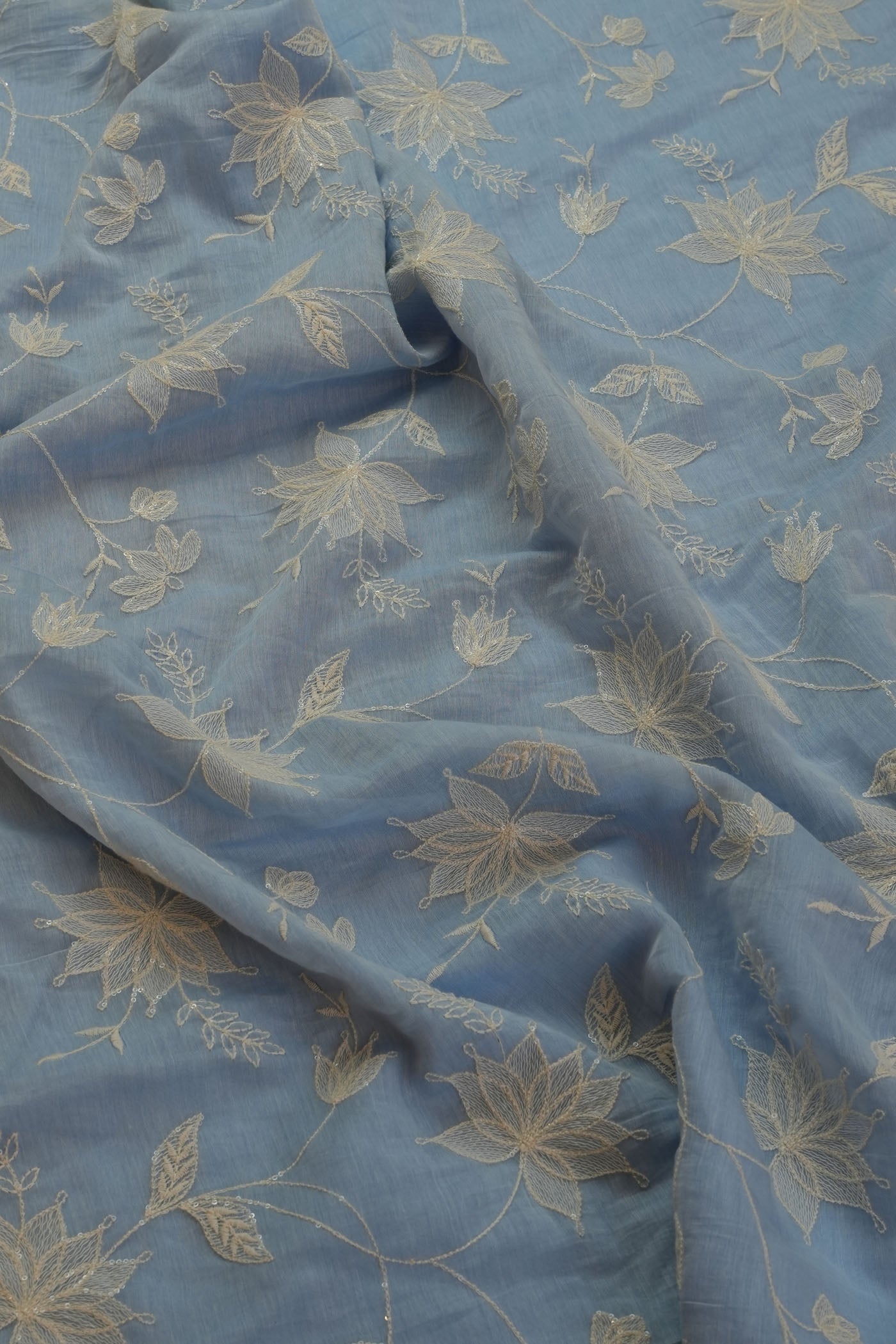 Elegant Blue Floral Embroidered Fabric