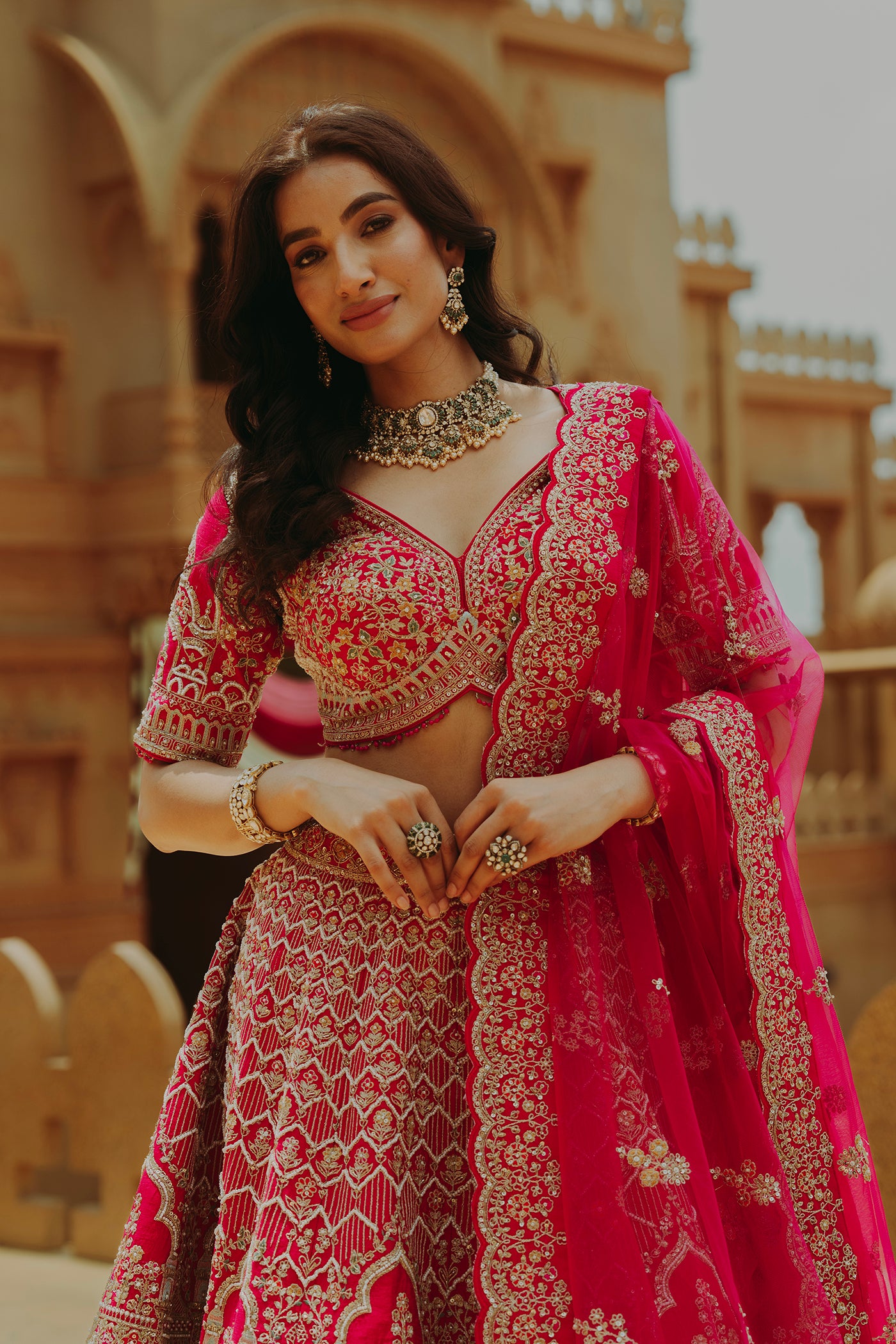 Rani Pink Mughal Motivs Bridal Ghagra Set with Zardosi Embroidery