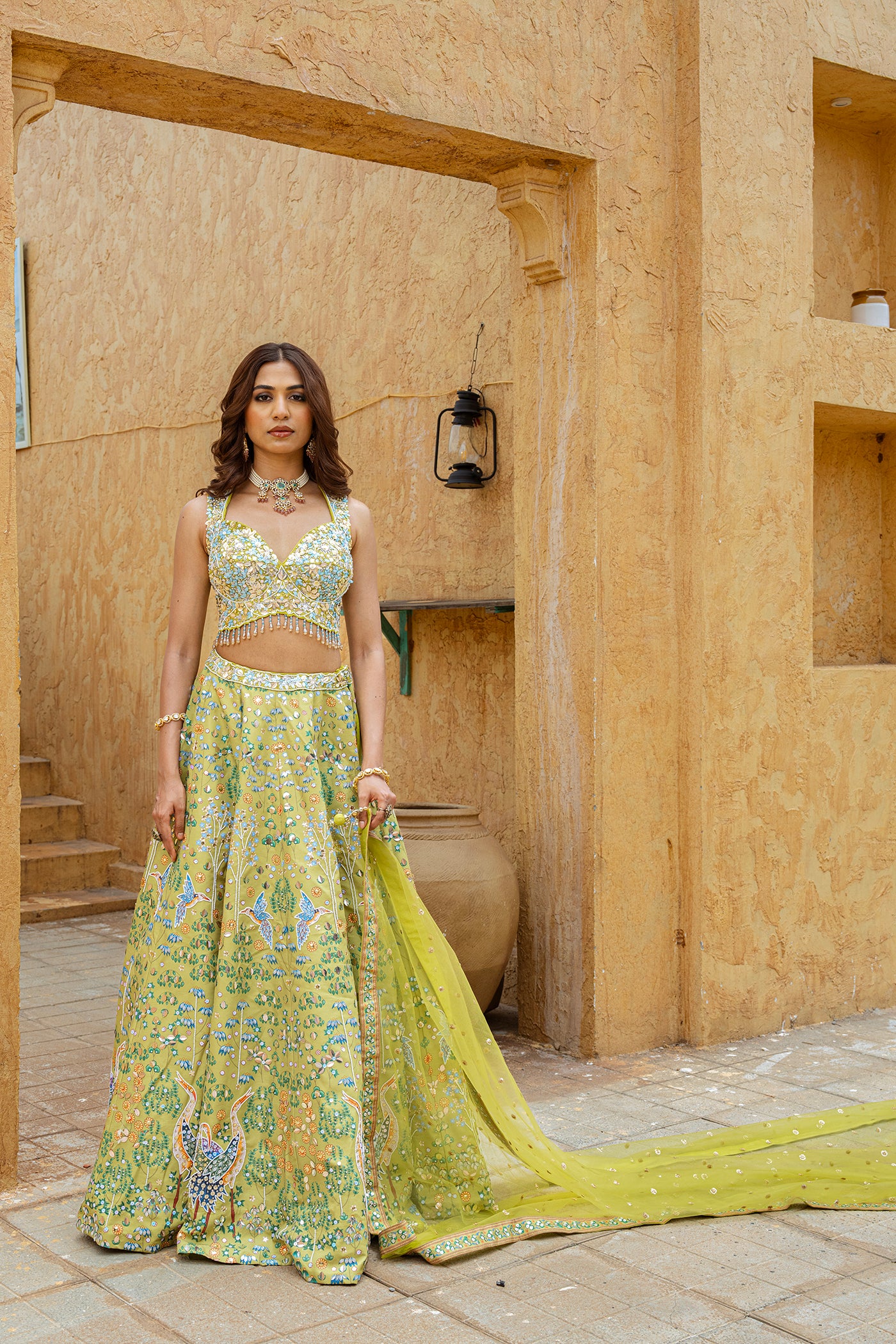 Olive Green Embroidered Ghagra Set with Peacock & Floral Motivs
