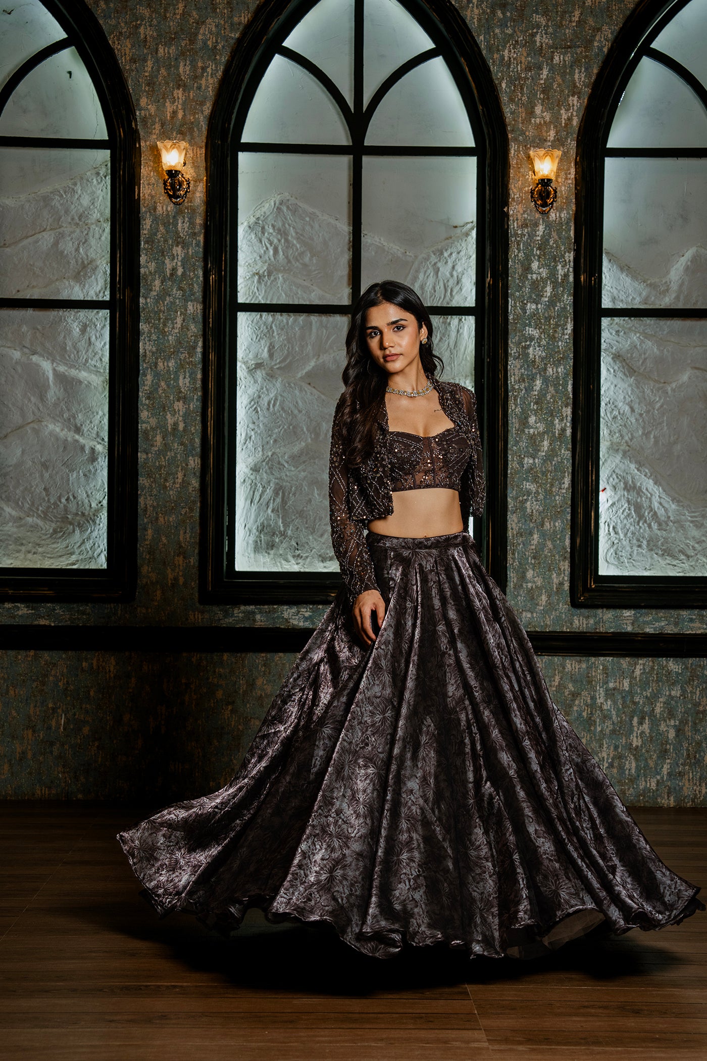Smoky Brown Printed Ghagra Set with Embellished Jacket & Corset Blouse(RTS)
