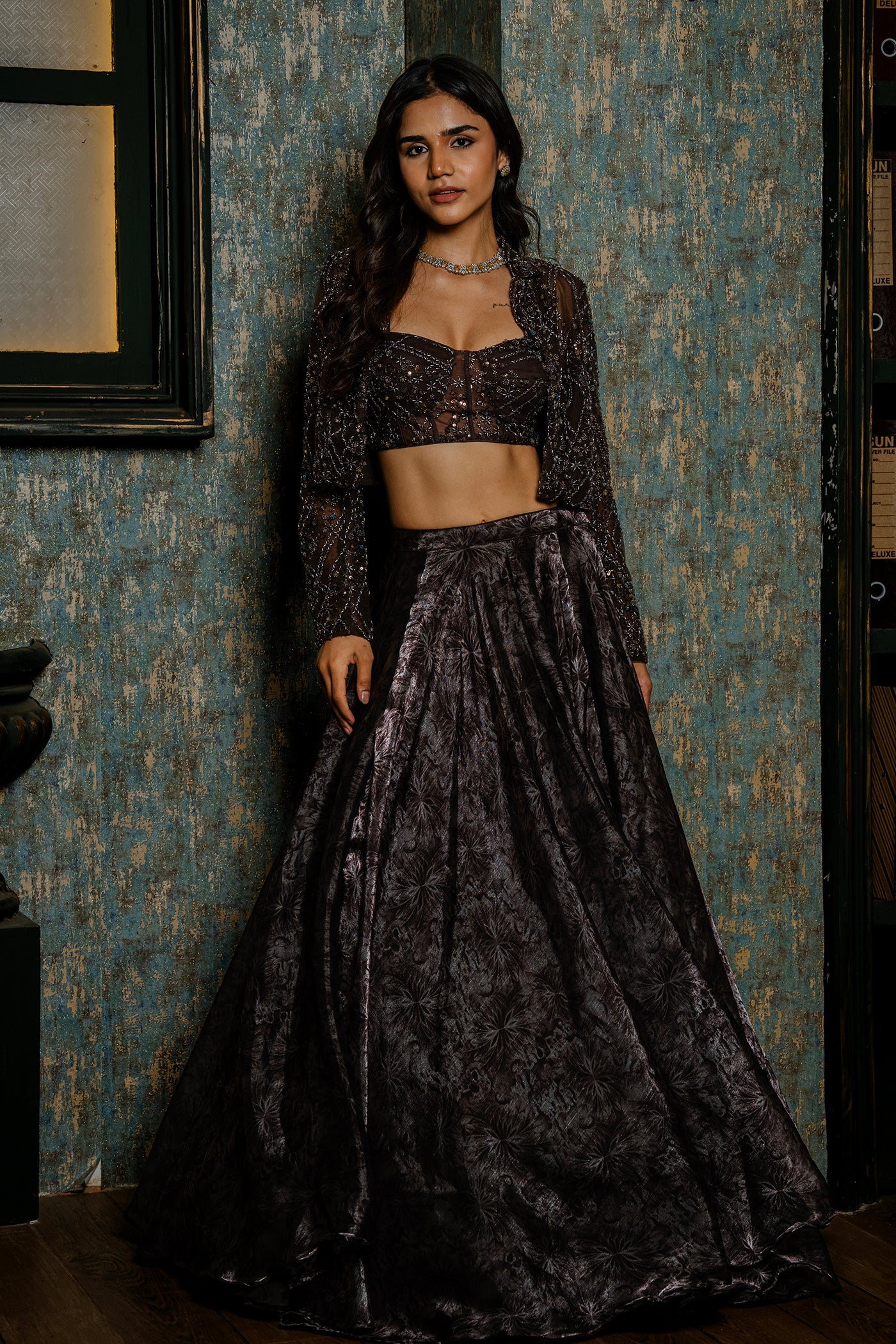 Smoky Brown Printed Ghagra Set with Embellished Jacket & Corset Blouse