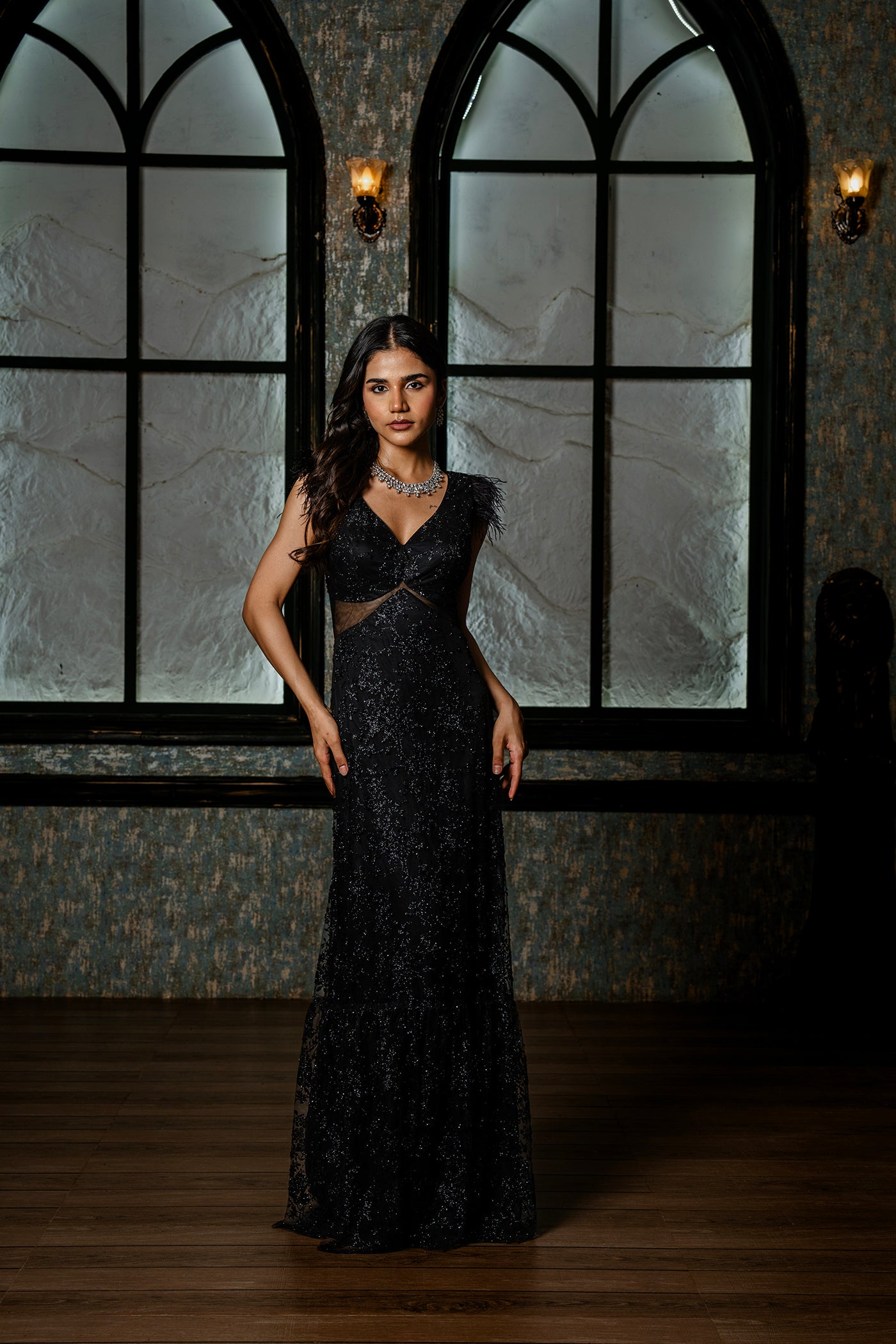 Midnight Black sequence Gown with Attached Drape