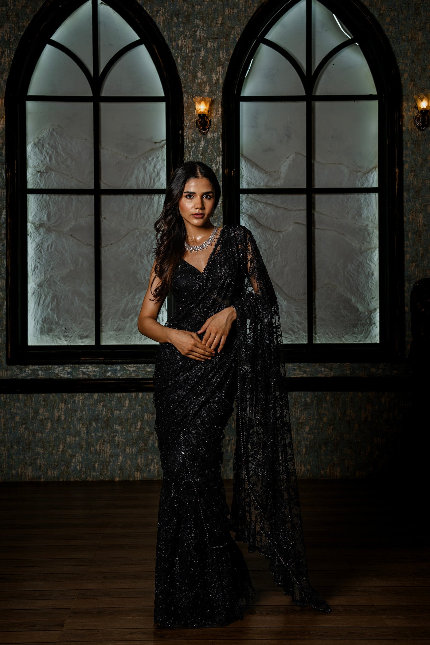 Midnight Black sequence Gown with Attached Drape