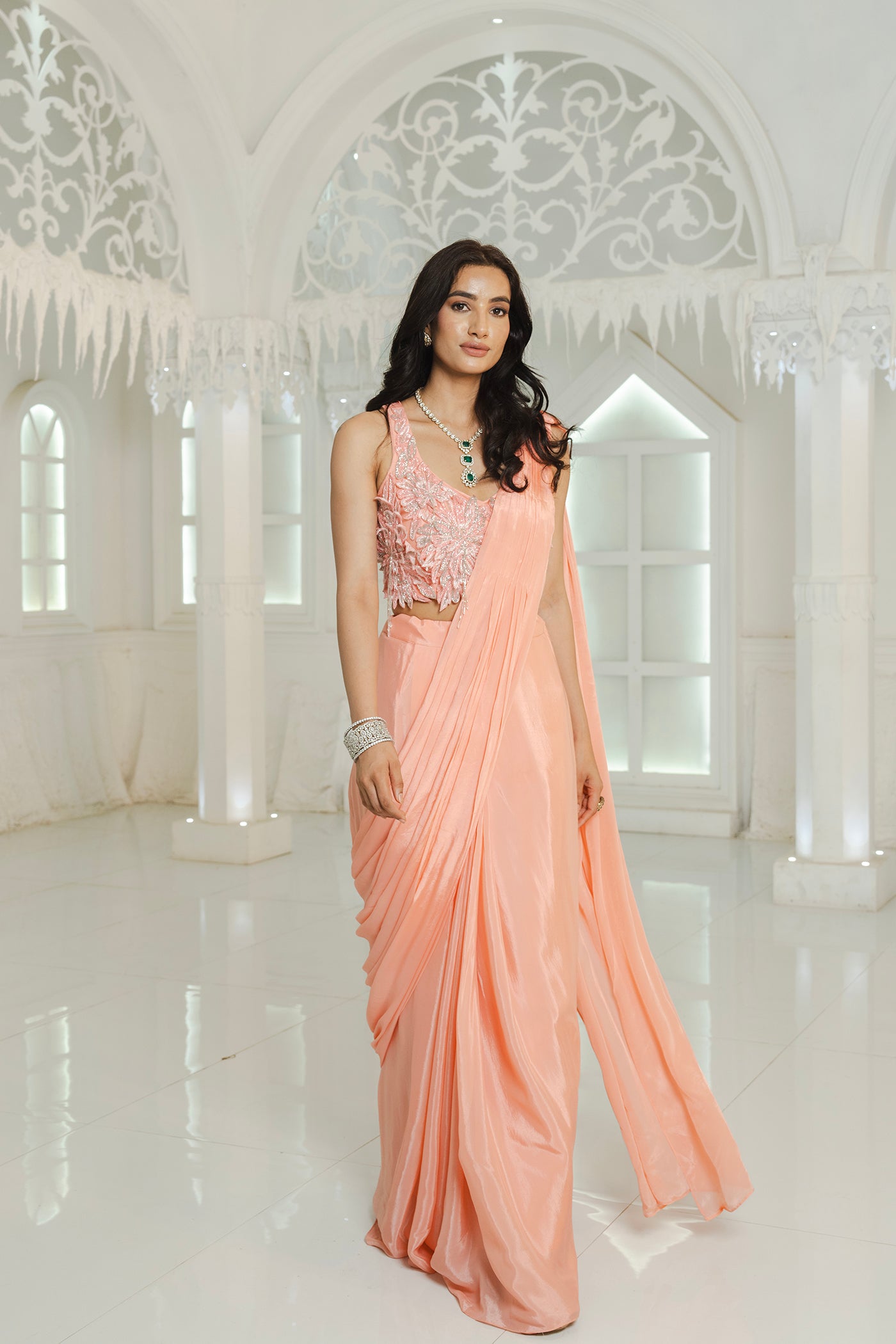 Peach Coral Ready-to-Wear Saree with Embellished Blouse