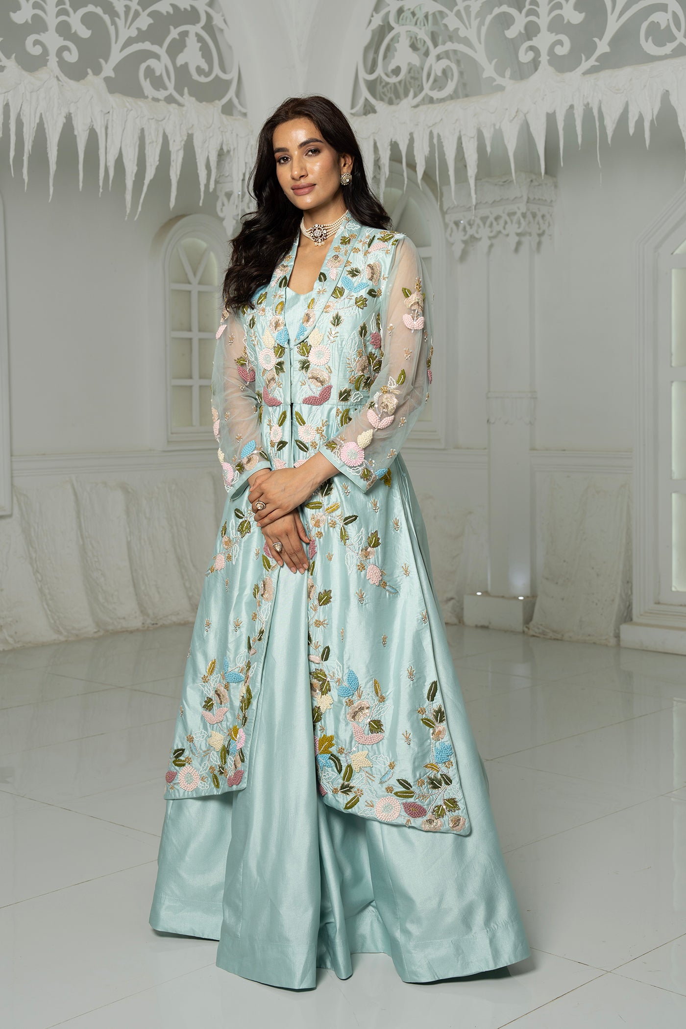 Powder Blue Readymade Overcoat Set with Embroidered Sheer Jacket