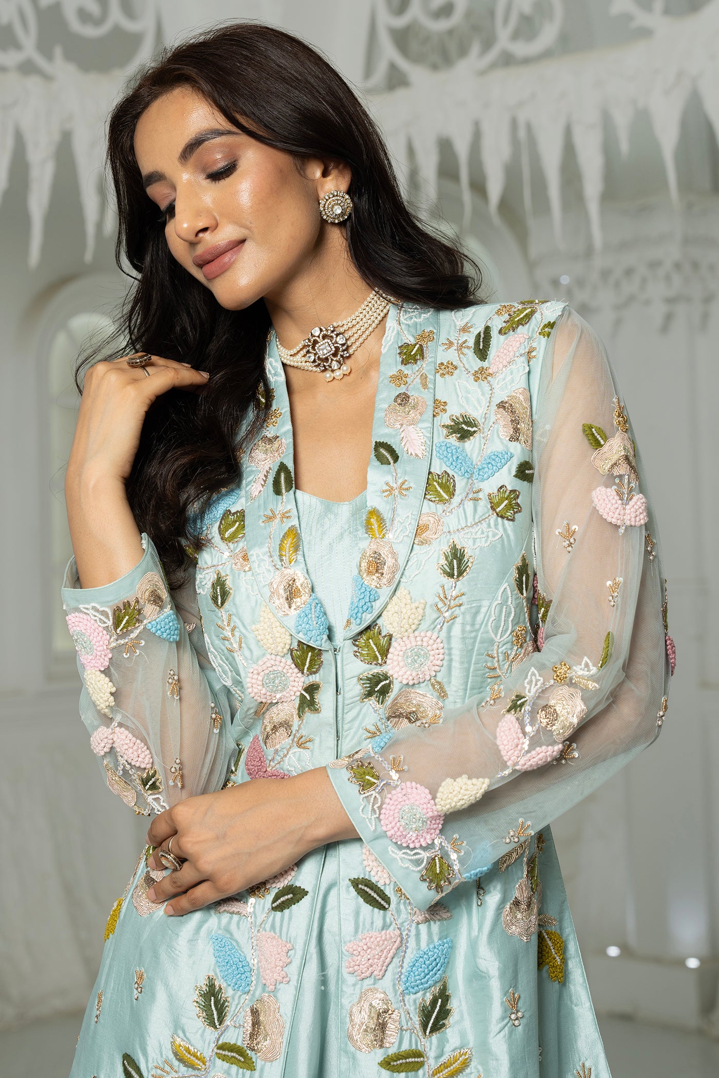 Powder Blue Readymade Overcoat Set with Embroidered Sheer Jacket(RTS)