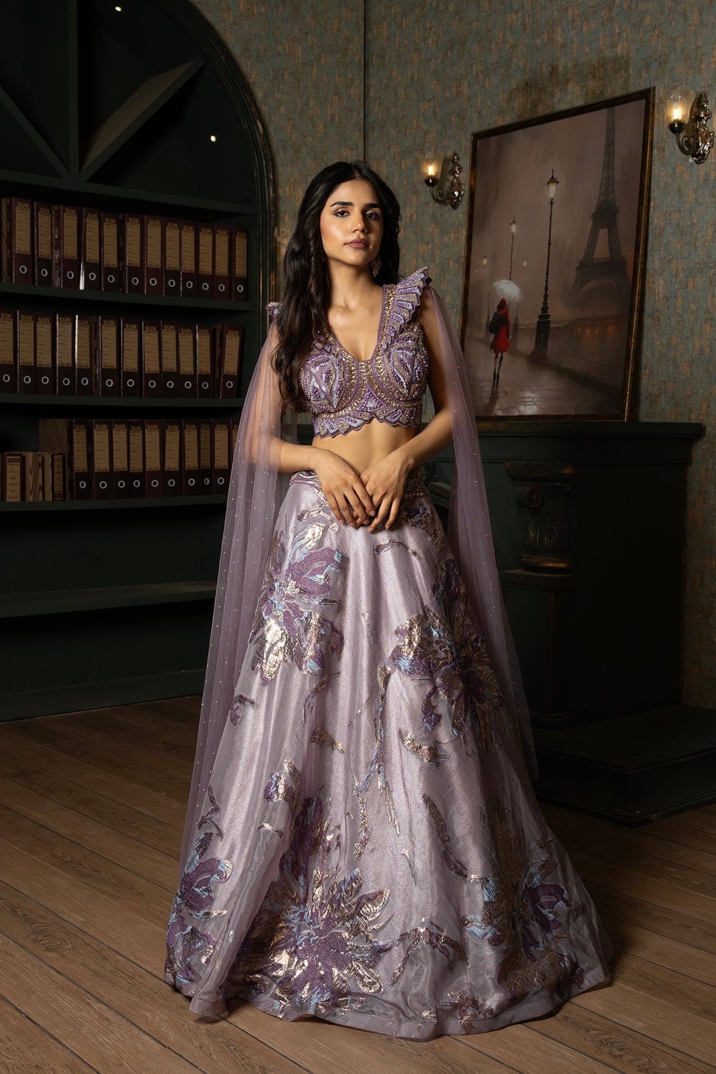 Lavender Embellished Ghagra Set with Cape Sleeves and Floral Motivs