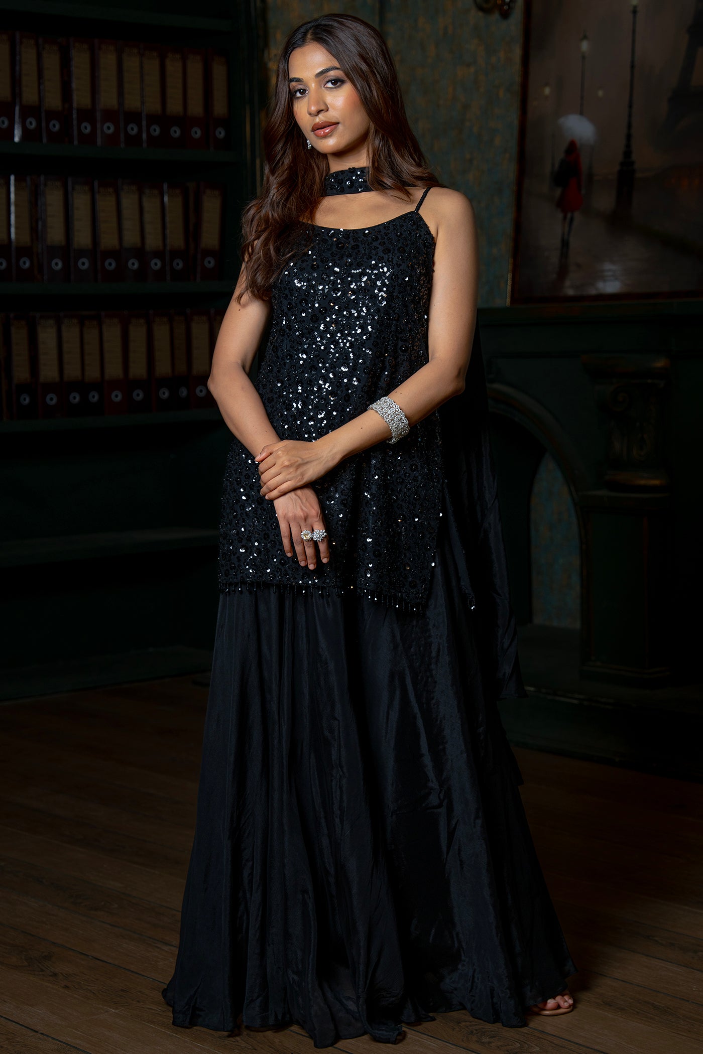 Black Sequence Embellished Readymade set with Flowy Hem(RTS)