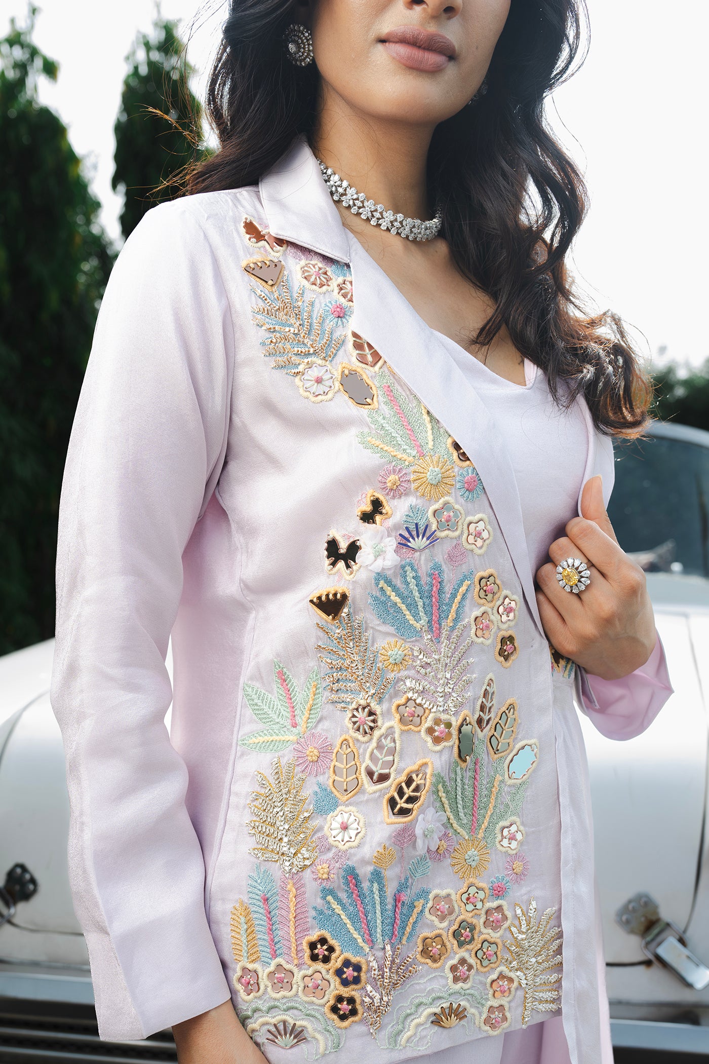 Elegant Lilac Embroidered Three-Piece Readymade Set