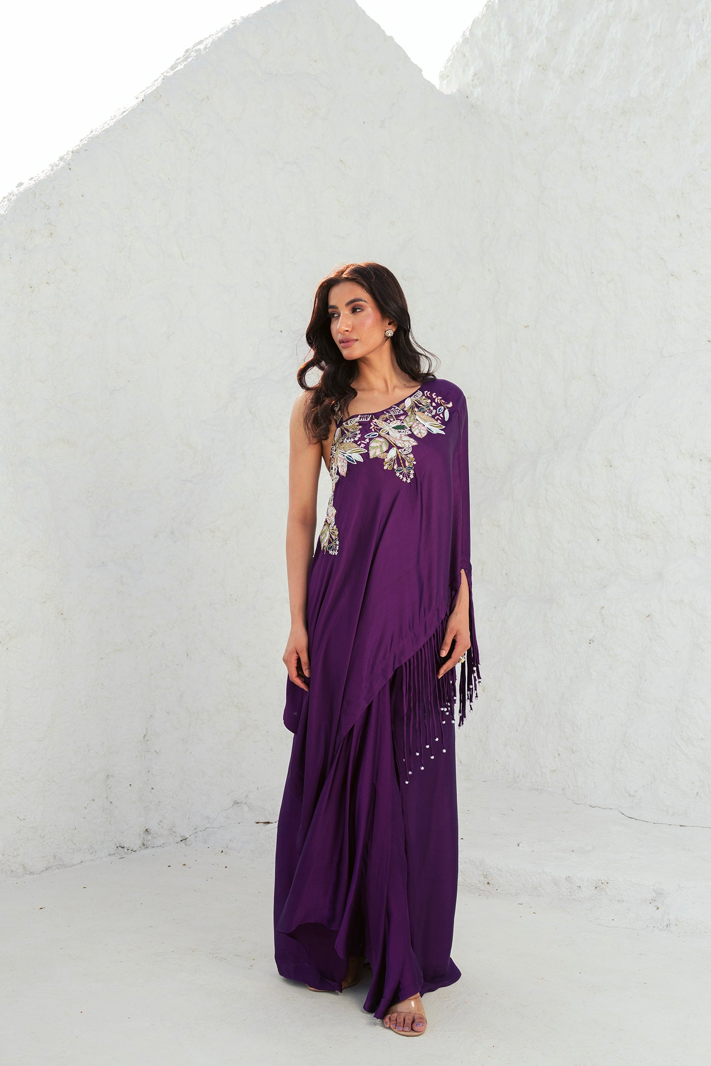 Plum Purple One-Shoulder Readymade Dress with Embroidered Detail & Tassels(RTS)