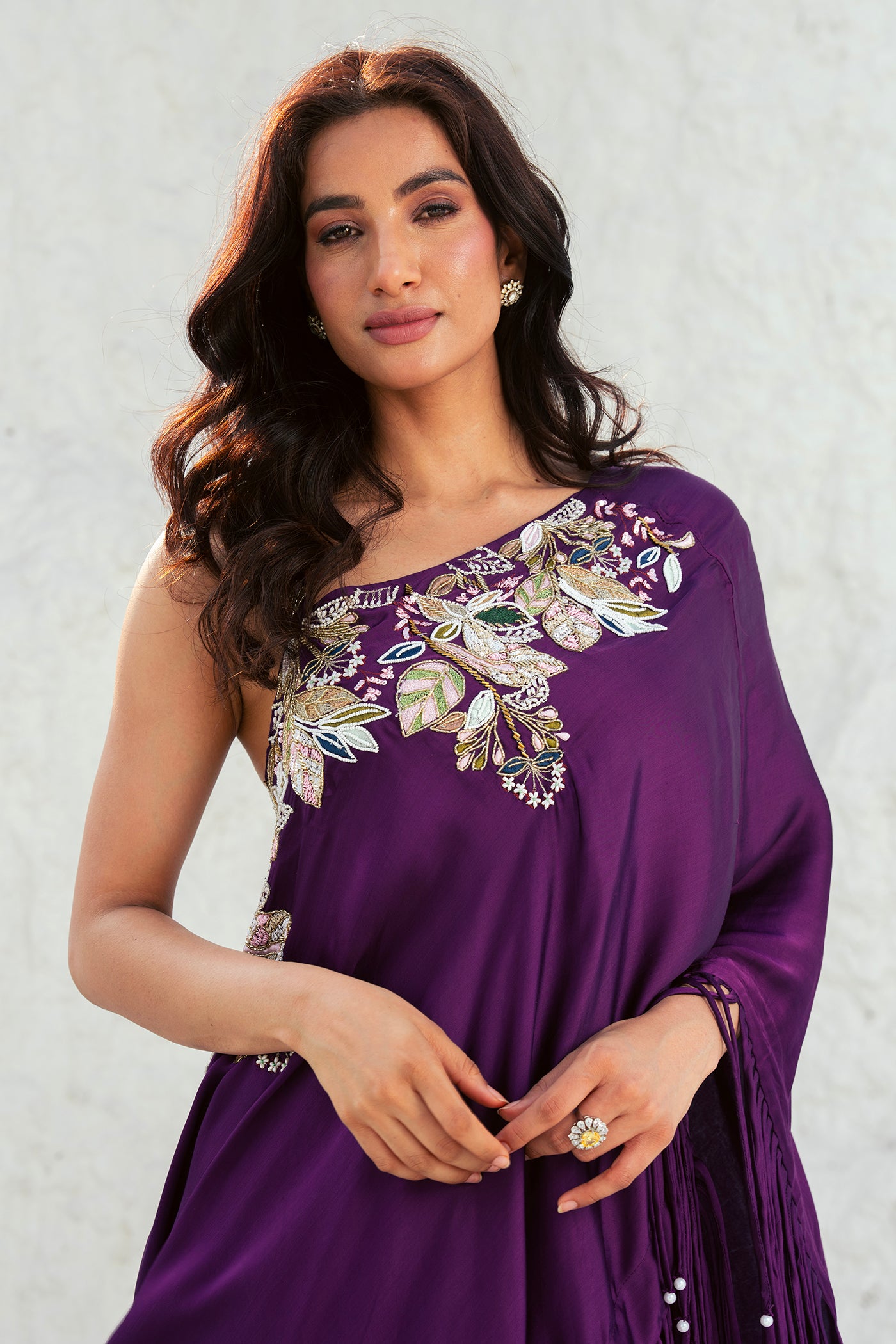 Plum Purple One-Shoulder Readymade Dress with Embroidered Detail & Tassels(RTS)