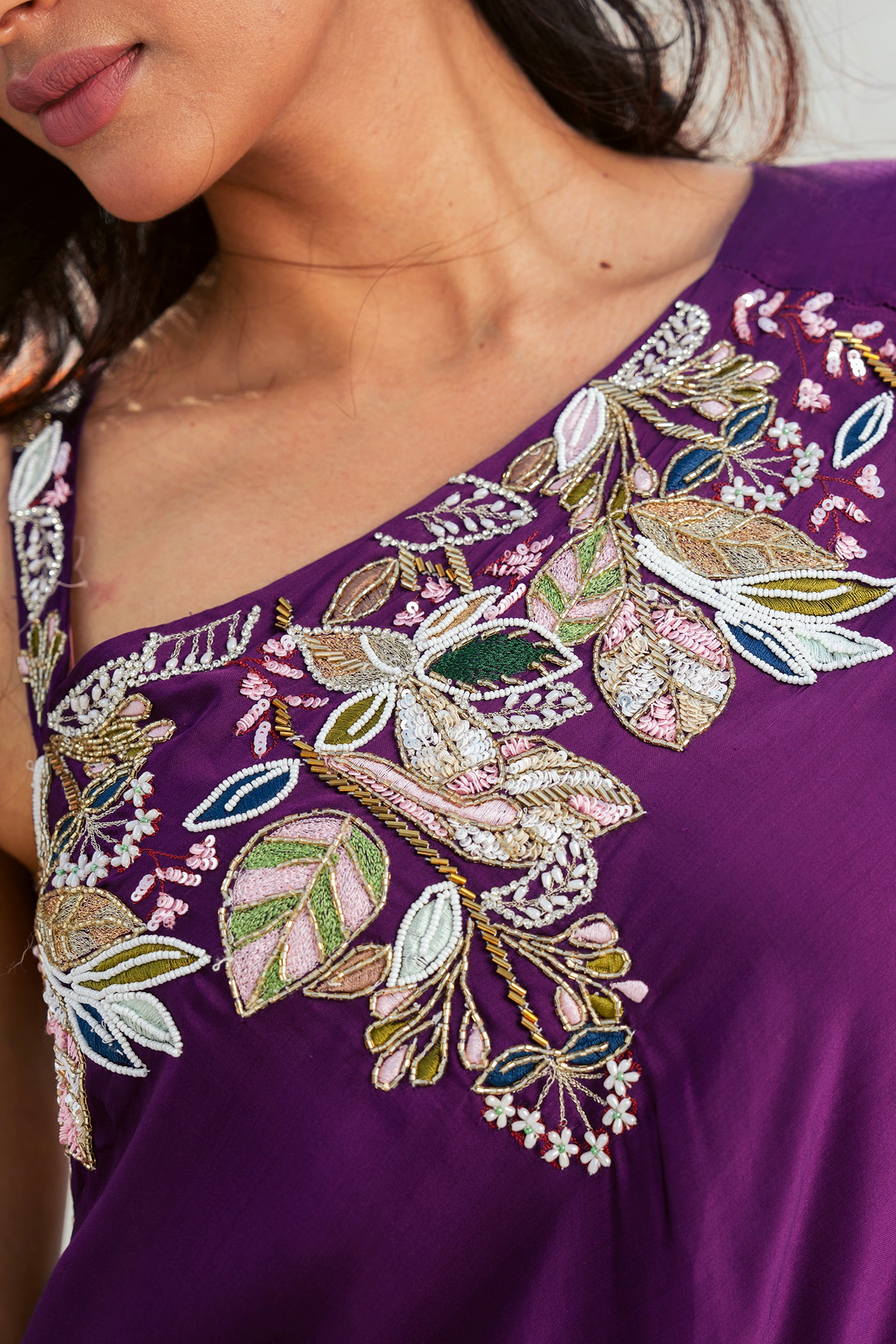 Plum Purple One-Shoulder Readymade Dress with Embroidered Detail & Tassels(RTS)