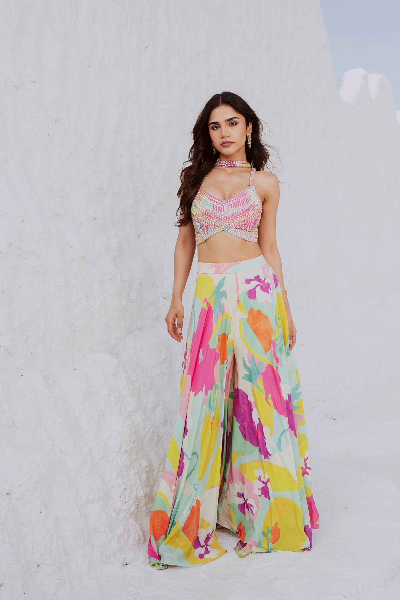 Vibrant Multicolor Floral Palazzo Set with Sequence Work Blouse