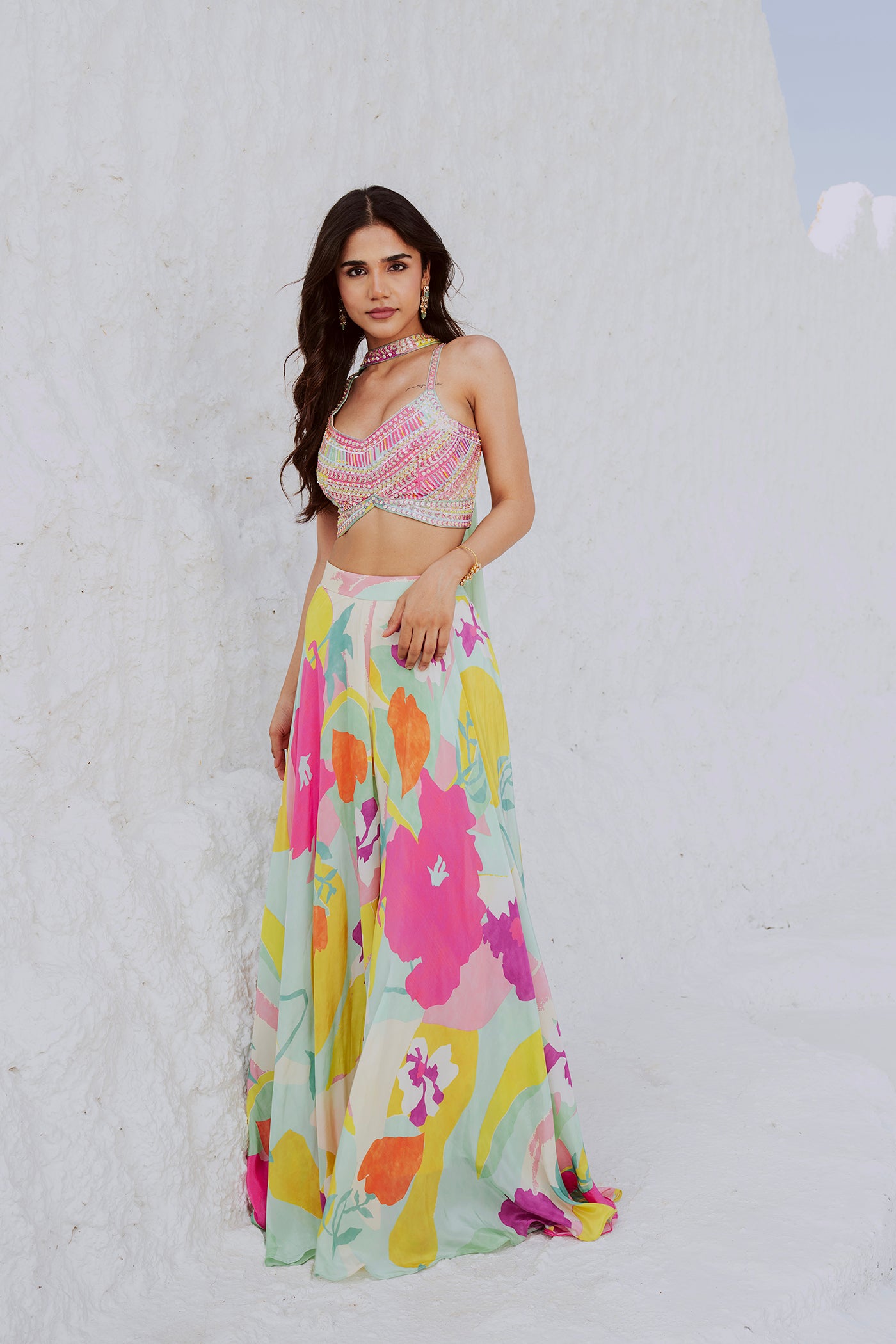 Vibrant Multicolor Floral Palazzo Set with Sequence Work Blouse