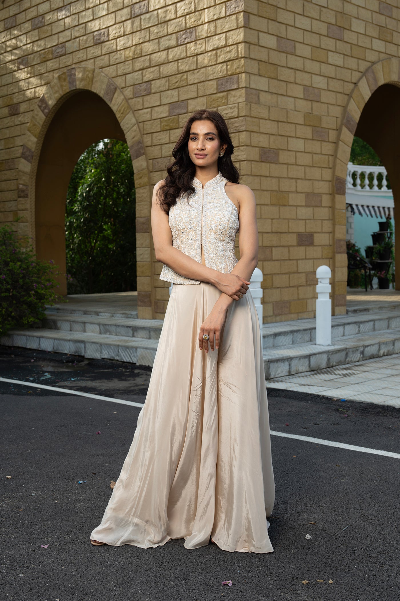 Champagne Beige Embroidered Top Plazo Set(RTS)