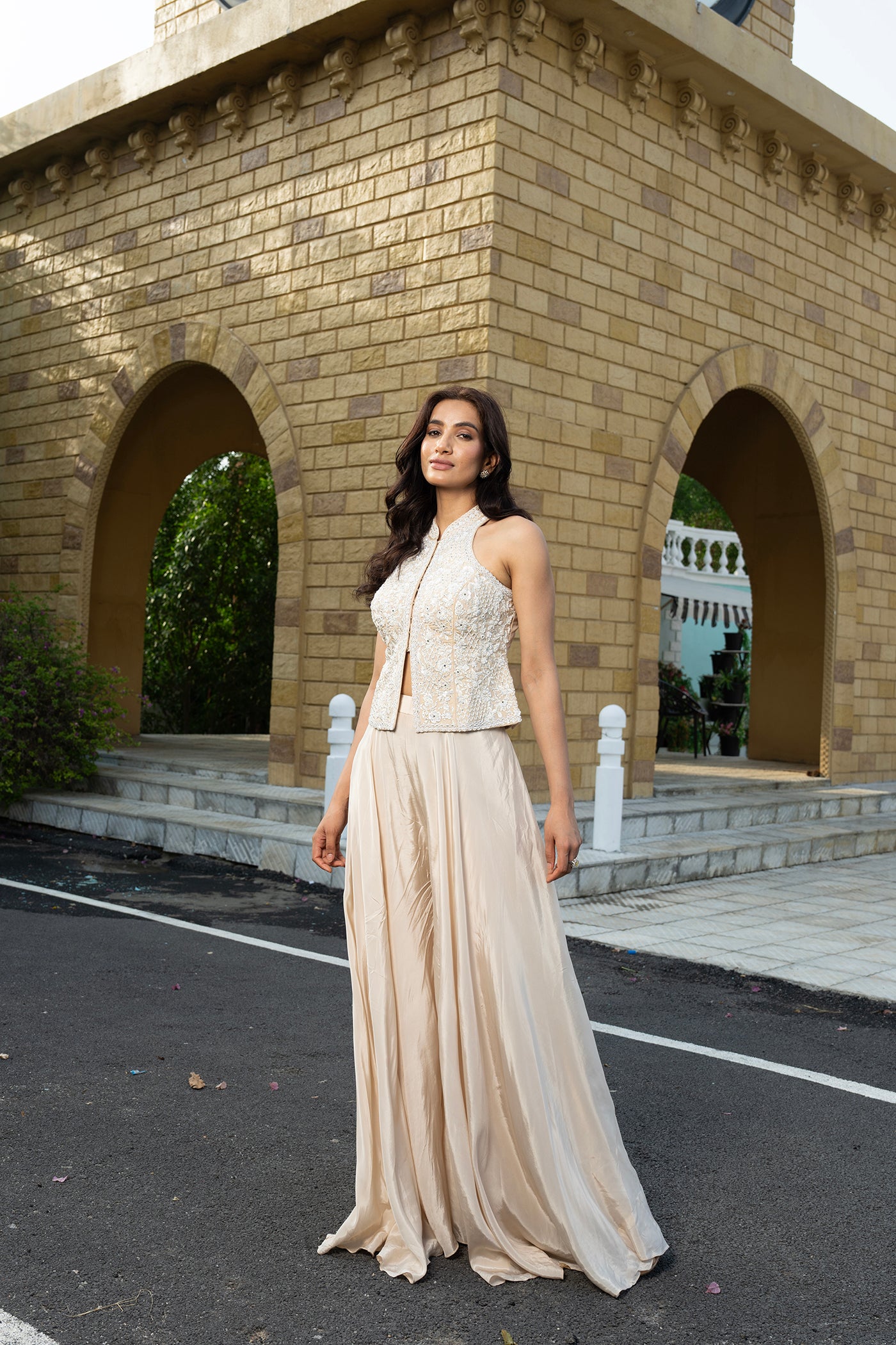 Champagne Beige Embroidered Top Plazo Set(RTS)