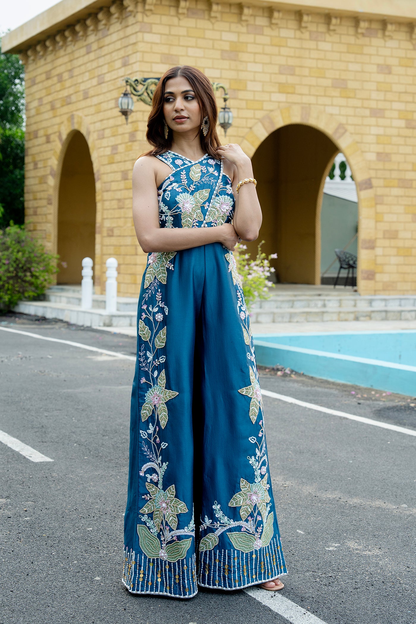 Teal Blue Embroidered Jumpsuit with Pearl Detailing(RTS)