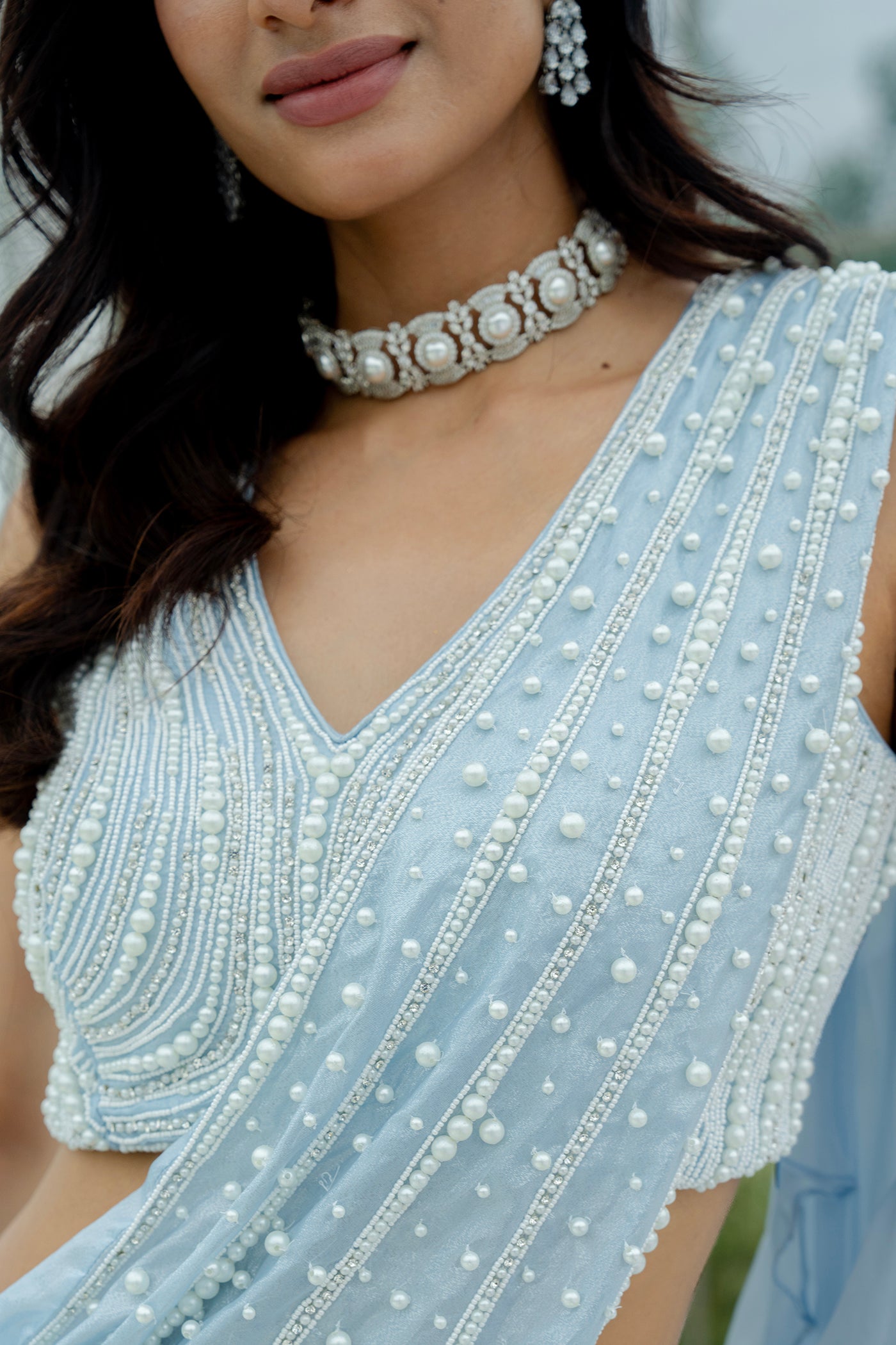 Icy Blue Drape-Style Ghagra with Pearl Embellished Blouse(RTS)