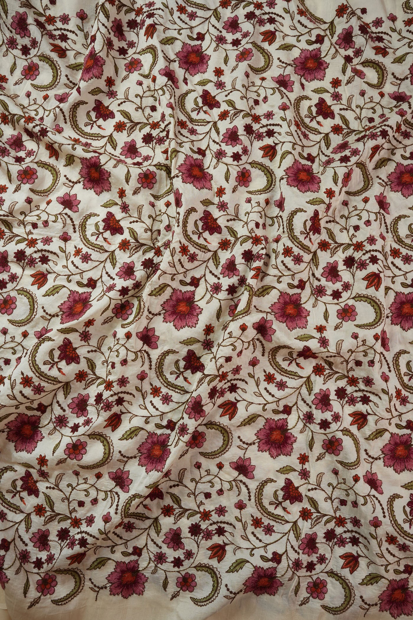 Cream Base Fabric with Intricate Multicolor Floral Embroidery