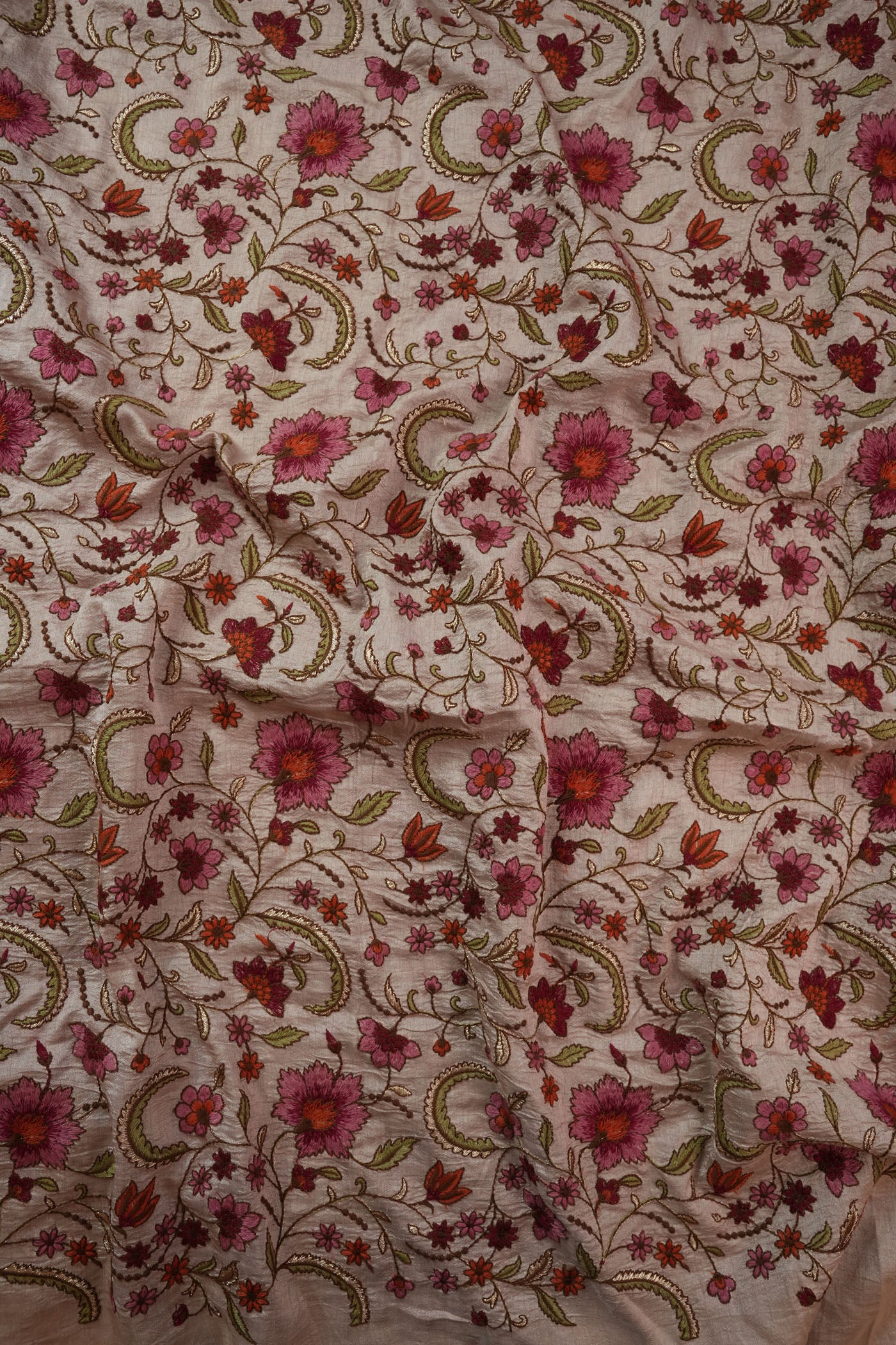 Pink Base Fabric with Intricate Multicolor Floral Embroidery