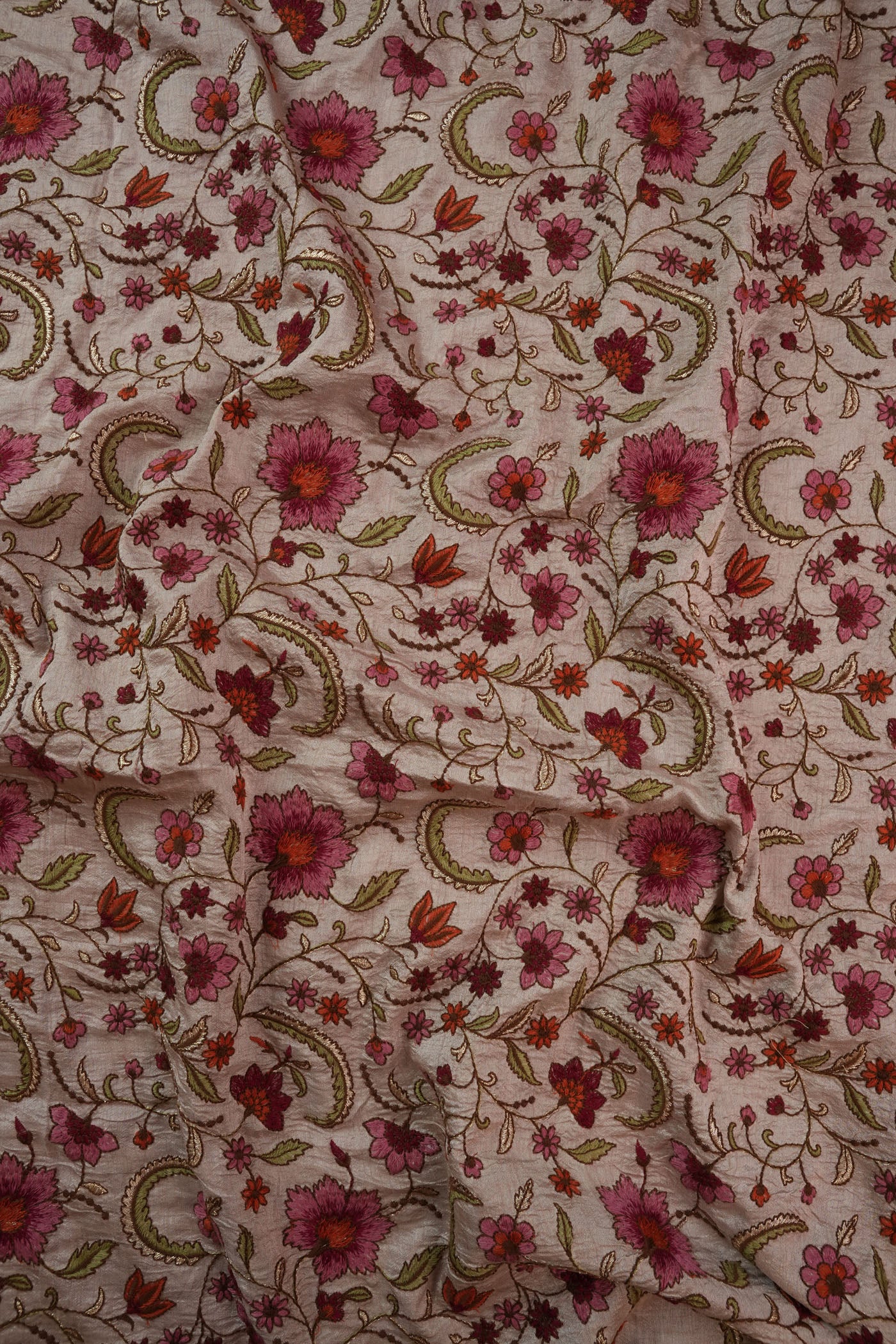 Pink Base Fabric with Intricate Multicolor Floral Embroidery