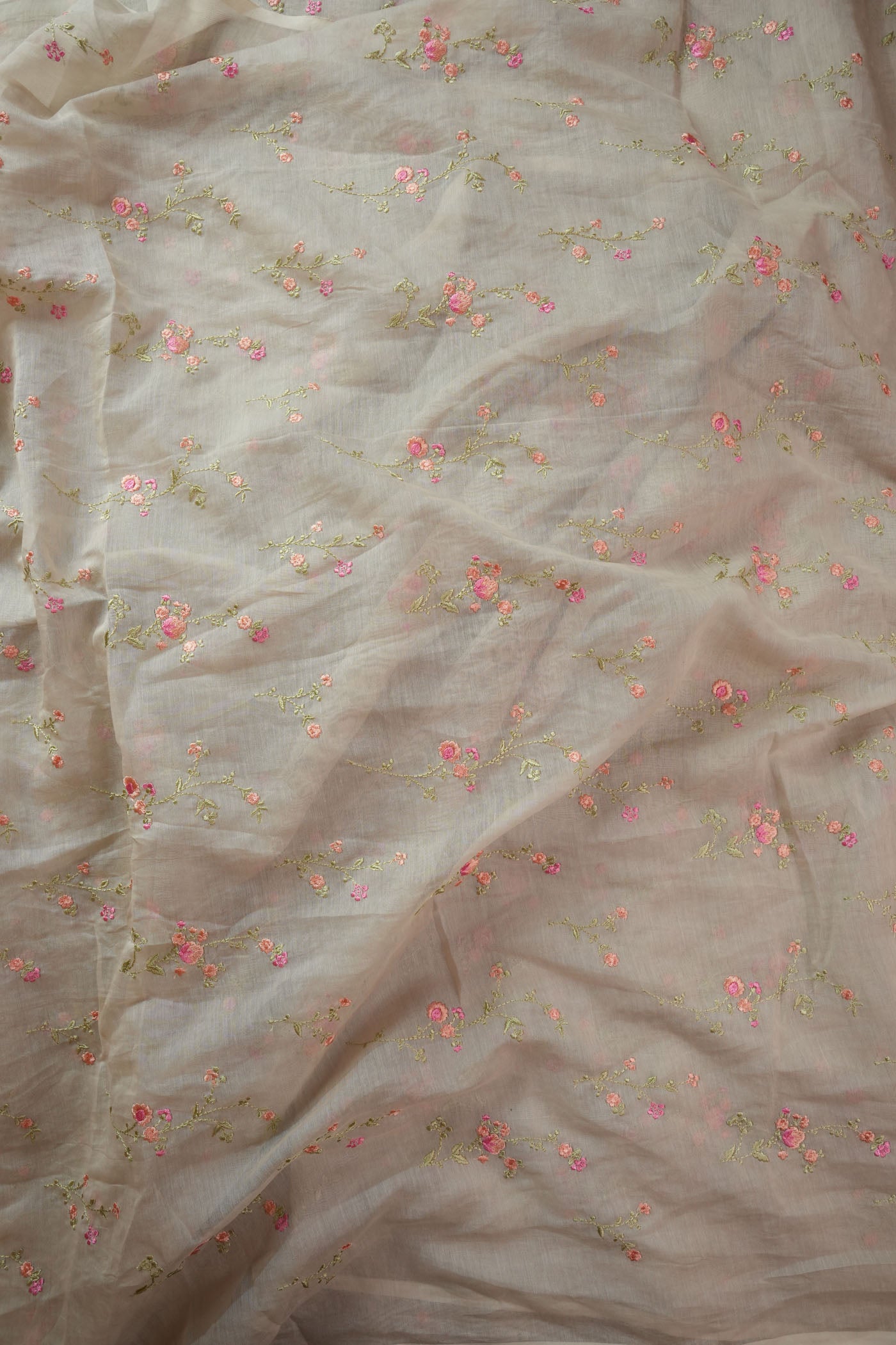 Soft Beige Fabric with Delicate Pink Floral Embroidery