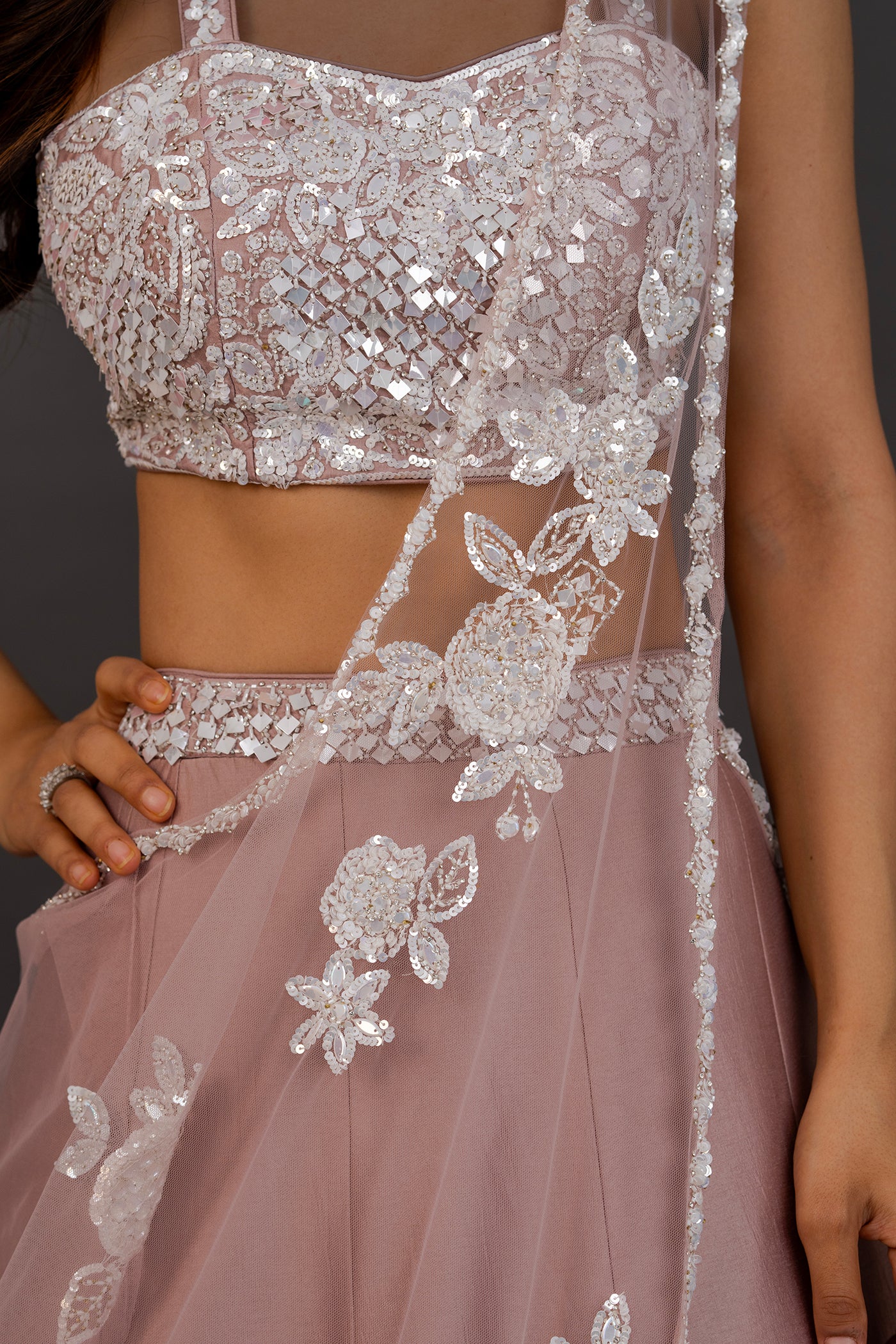 Rose lehanga set with cream dupatta (RTS)