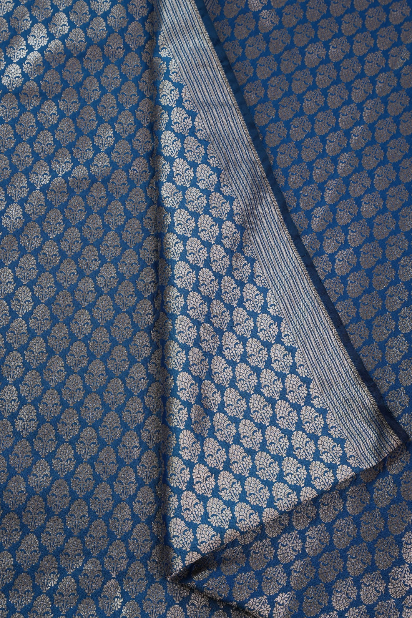 Royal Blue Banarasi Brocade Fabric with Silver Floral Motifs