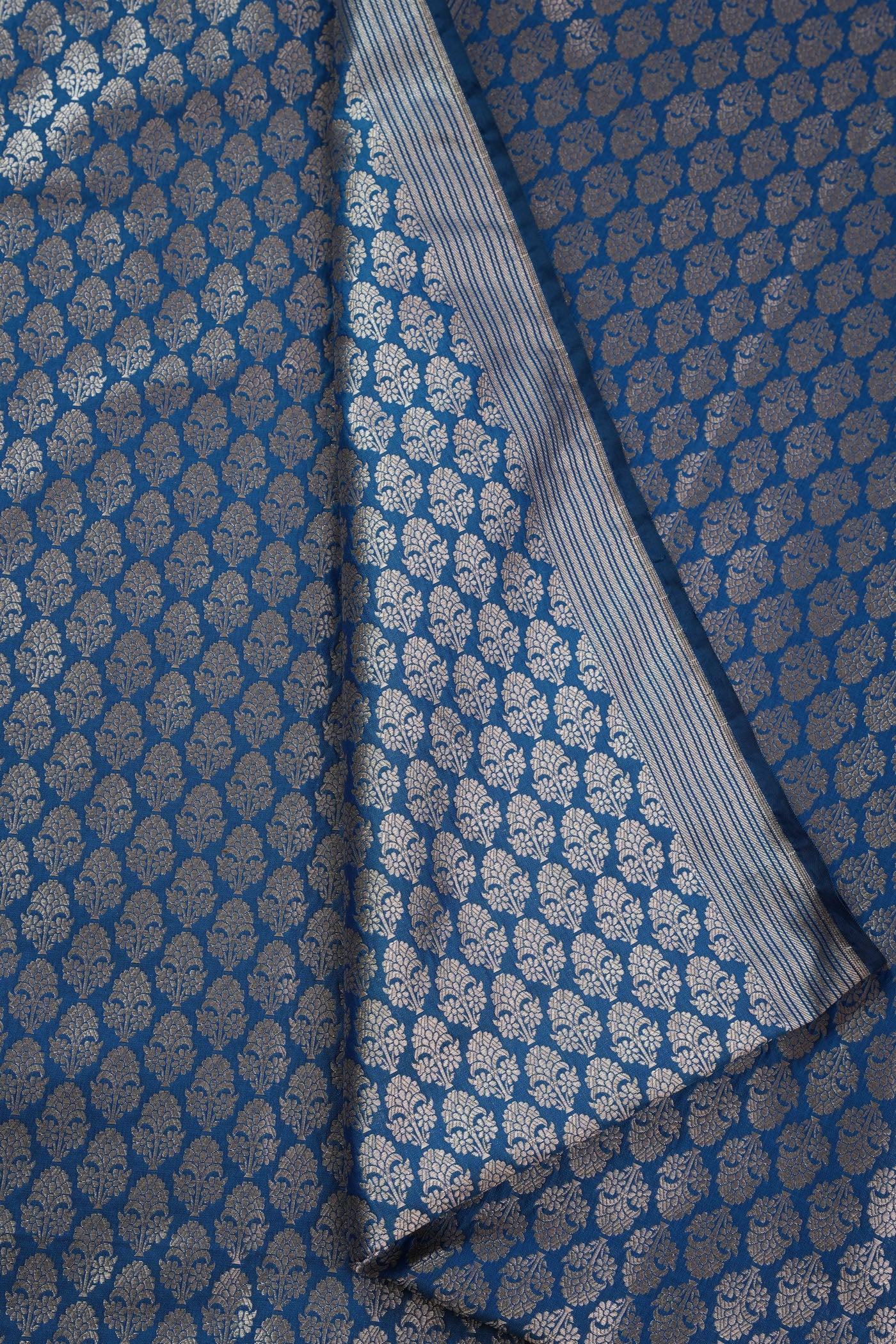 Royal Blue Banarasi Brocade Fabric with Silver Floral Motifs