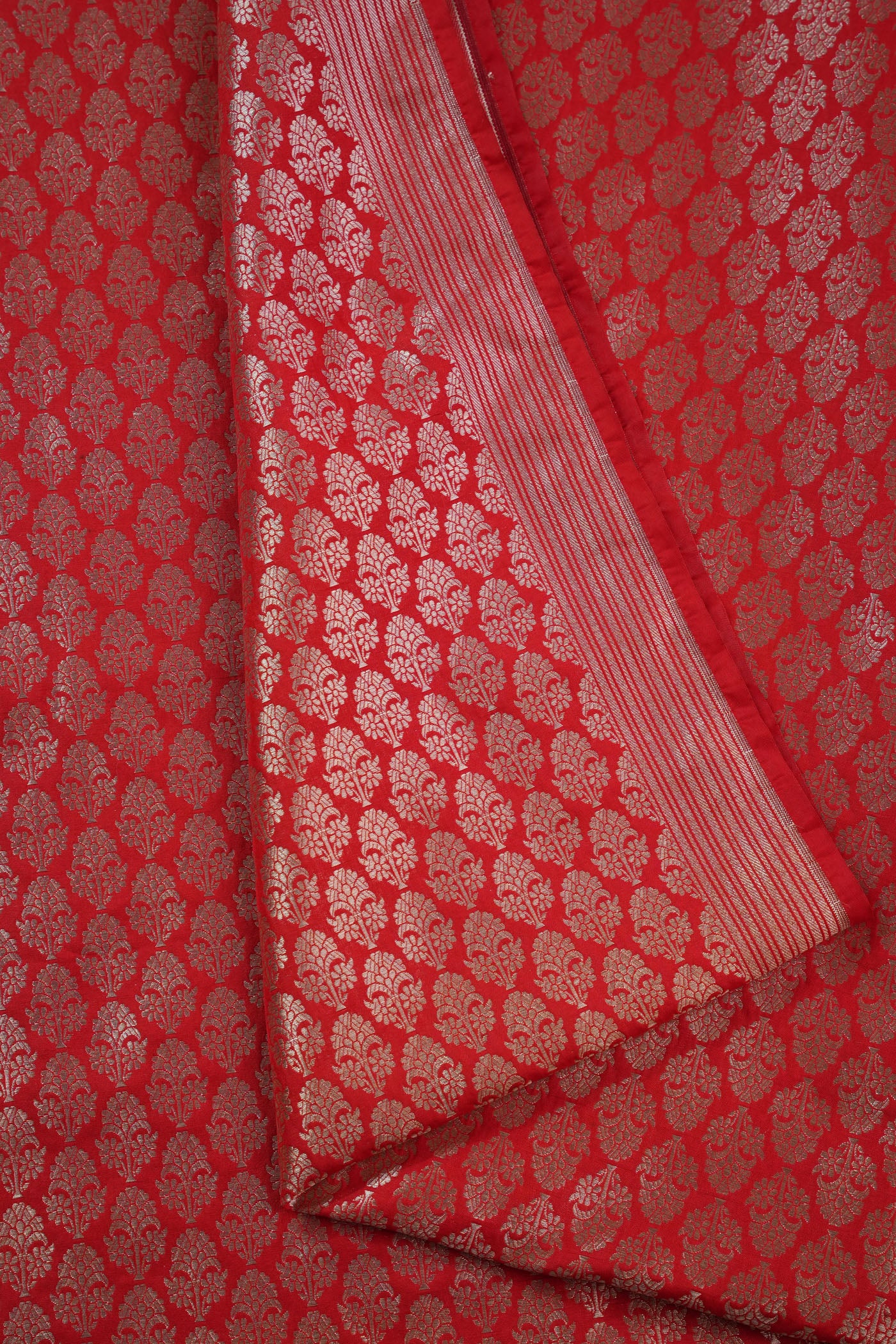 Red Banarasi Brocade Fabric with Silver Floral Motifs