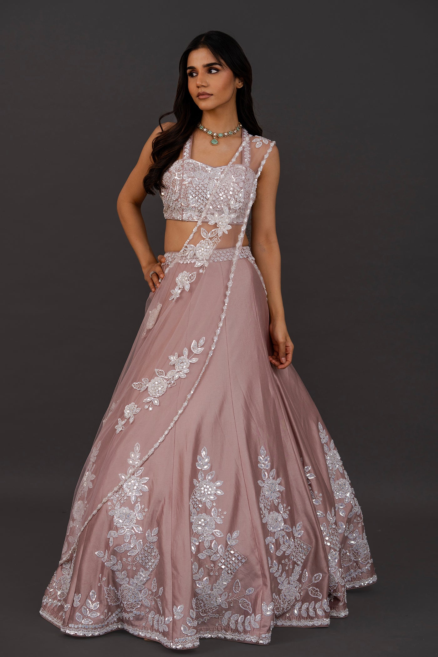 Rose lehanga set with cream dupatta (RTS)