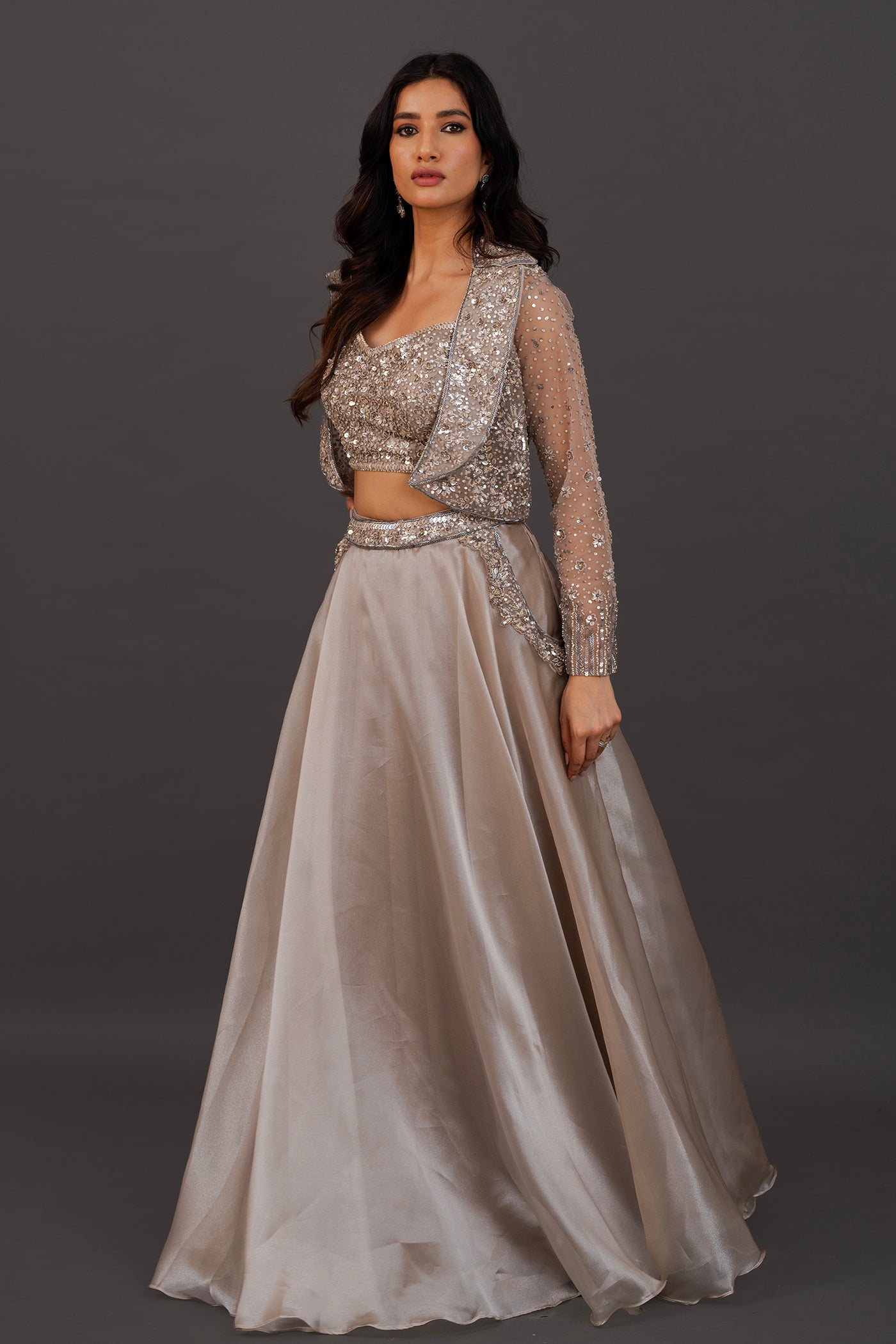 Grey lehanga with cropped jacket