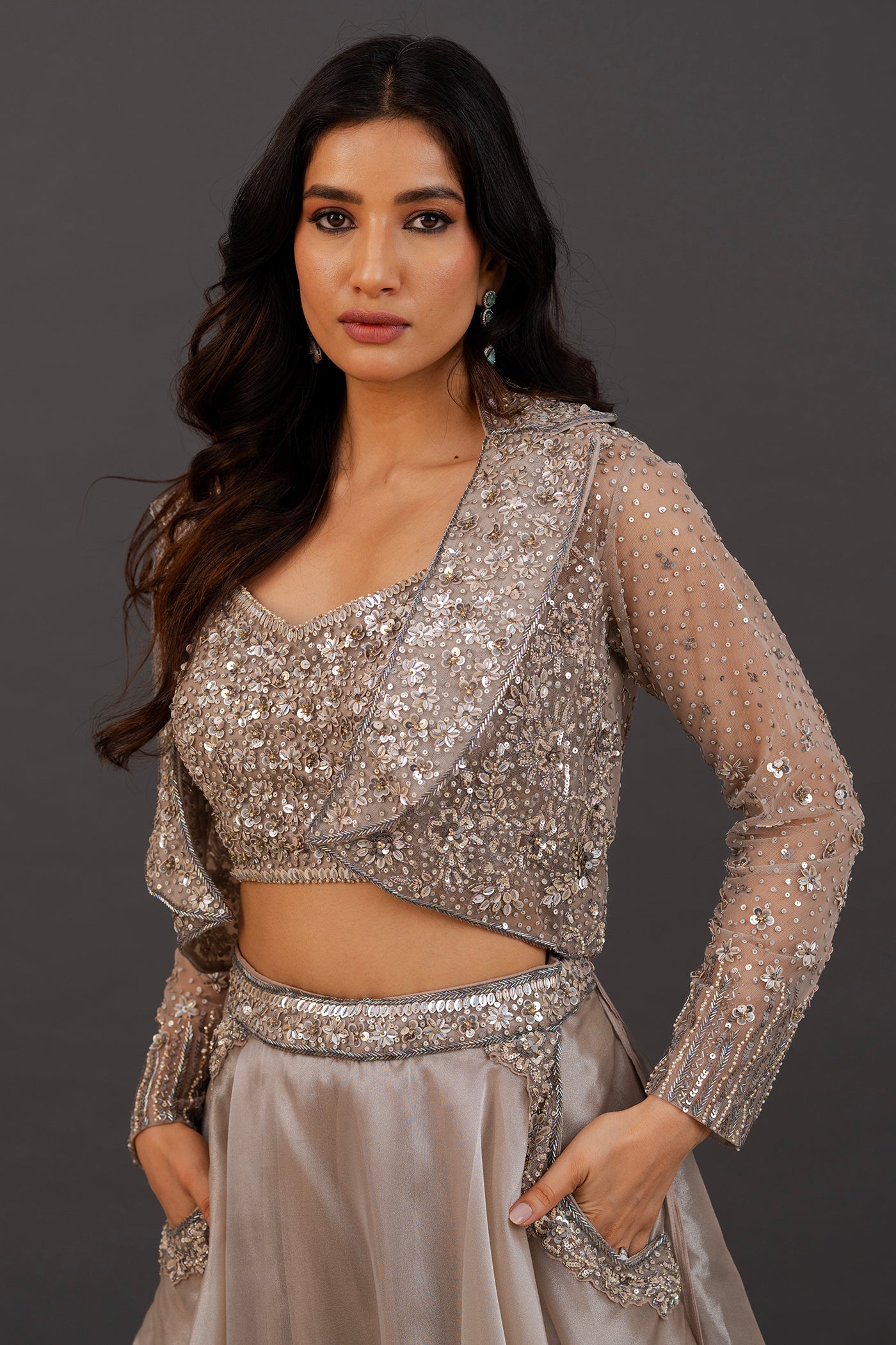 Grey lehanga with cropped jacket