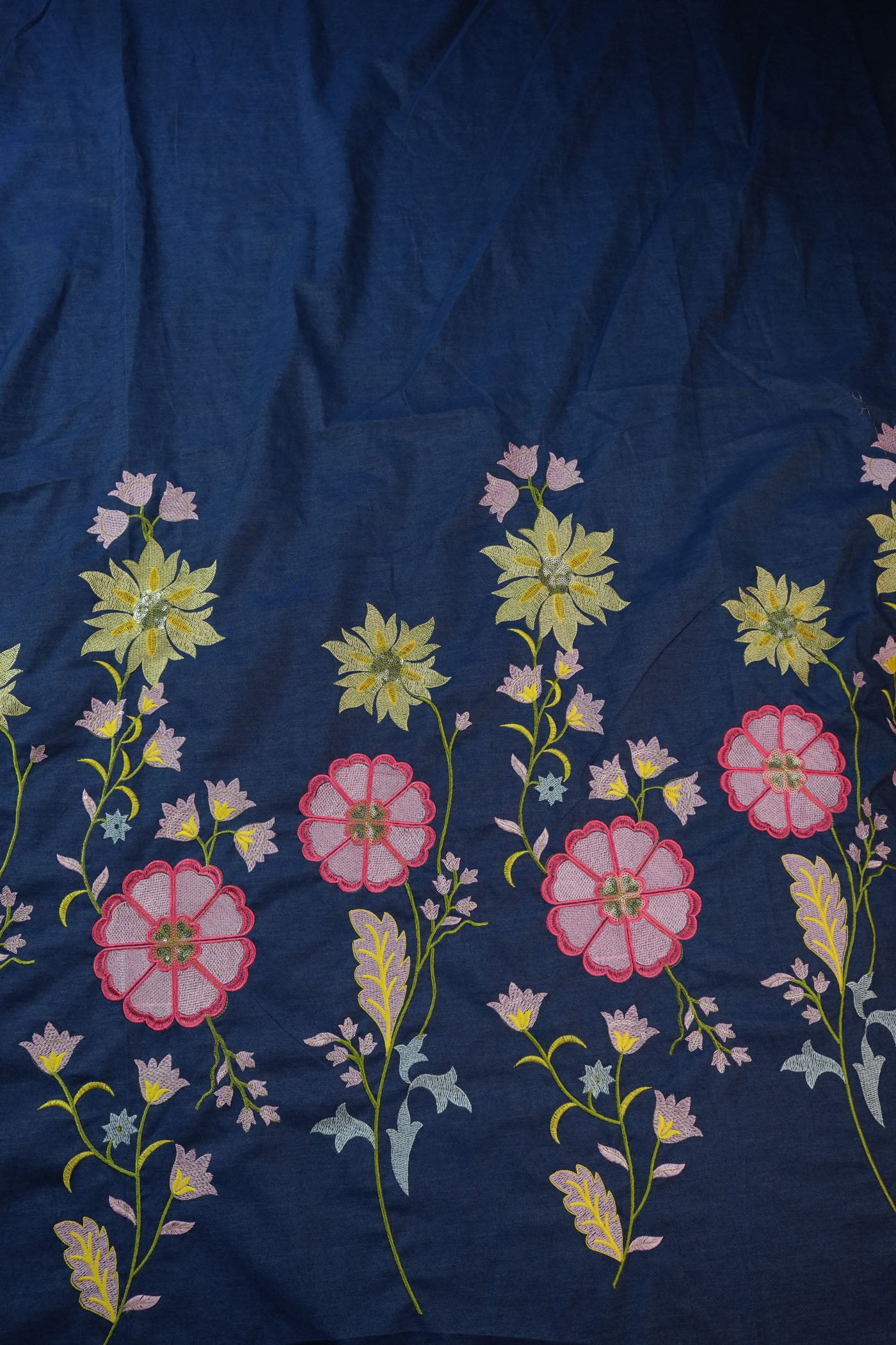 Navy Blue Fabric with Multicolor Floral Embroidery