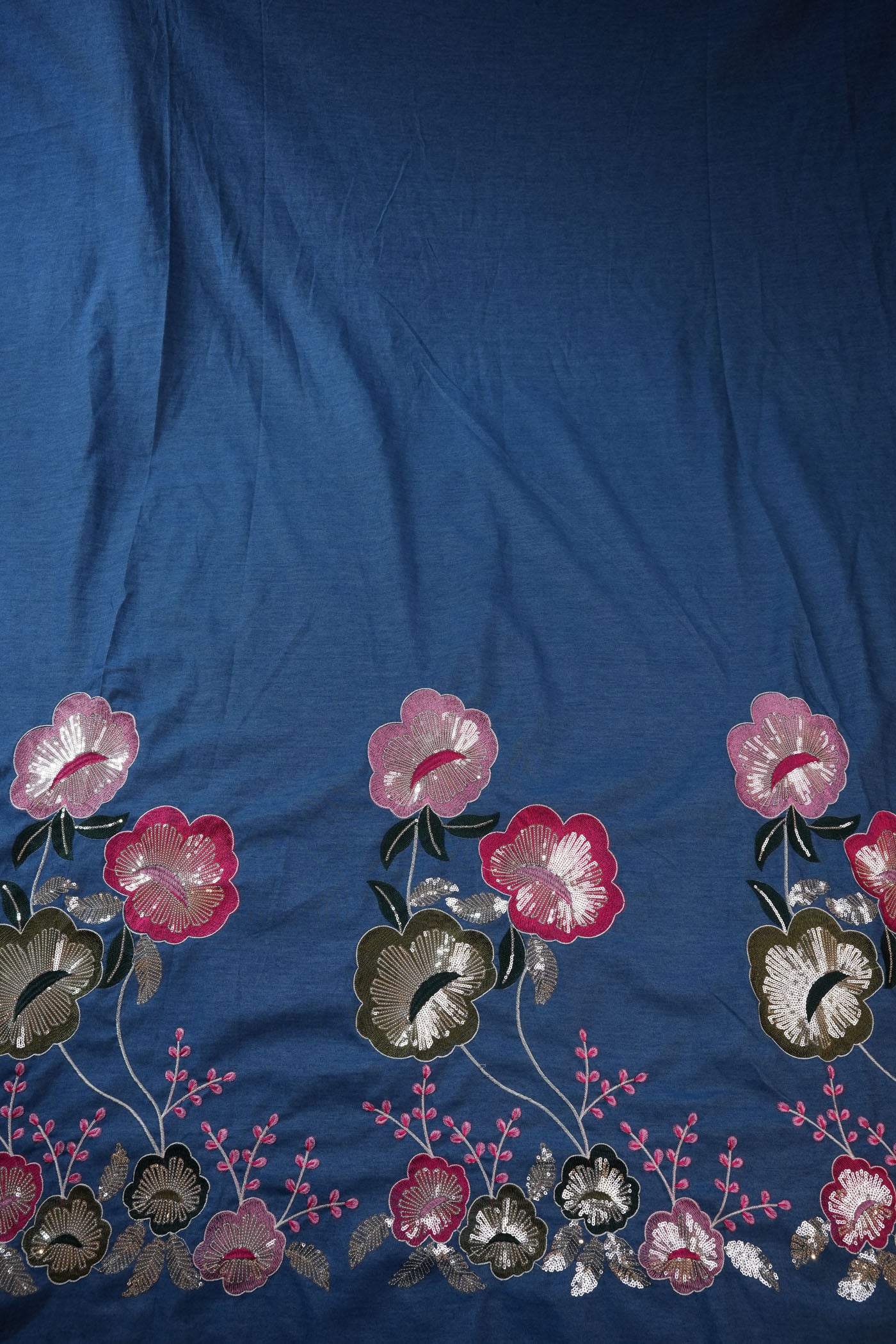 Blue Fabric with Bold Multicolor Floral Embroidery