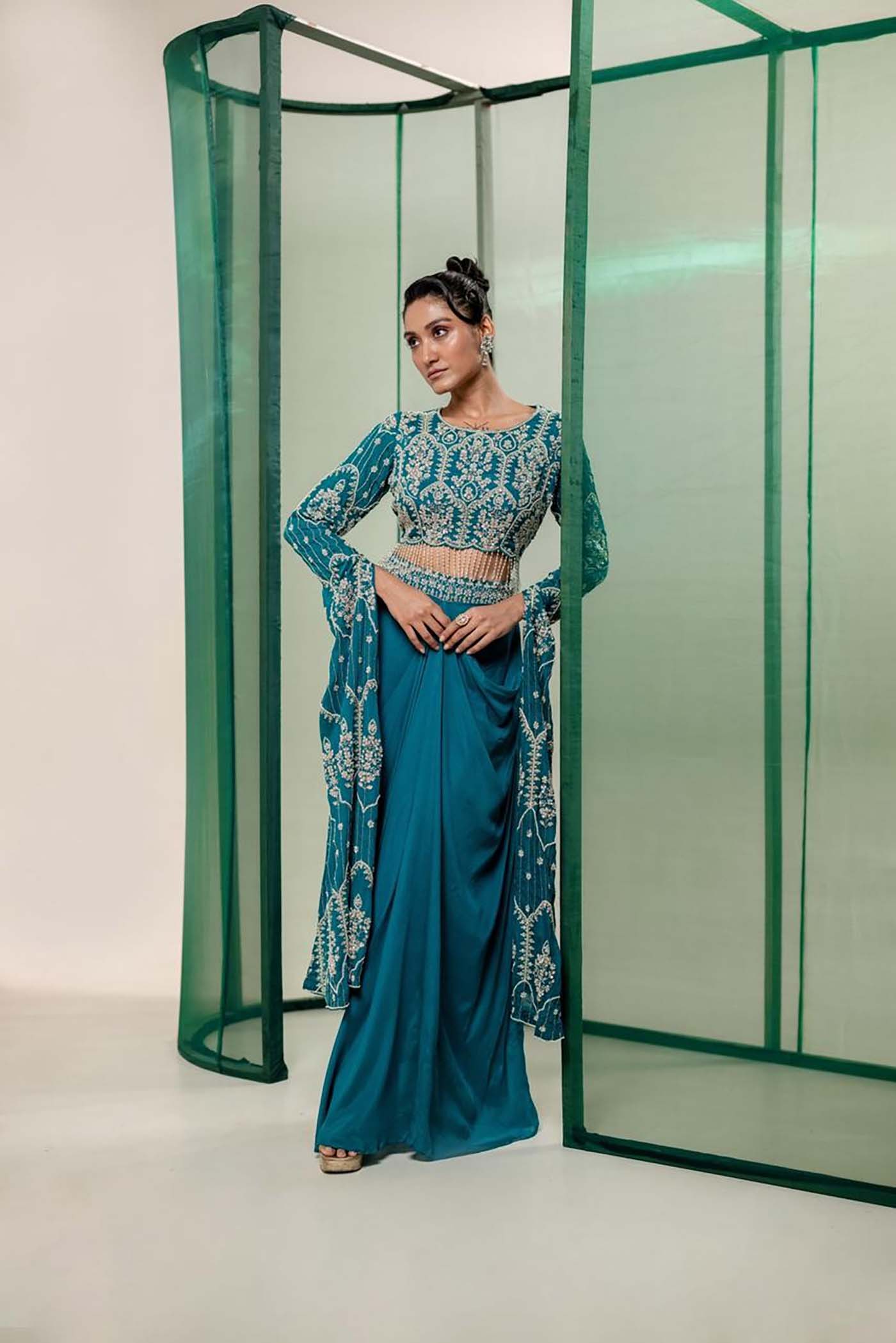 Teal Majesty Embroidered Drape Ensemble