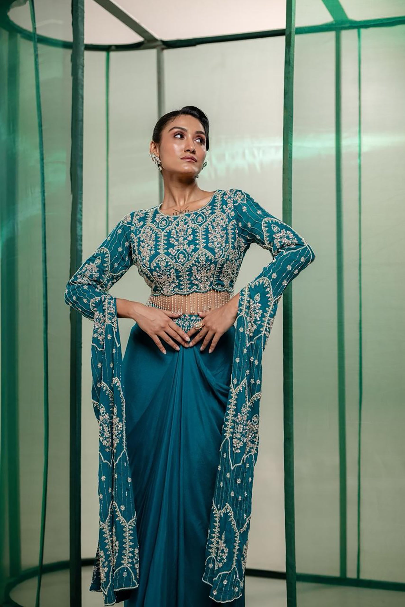 Teal Majesty Embroidered Drape Ensemble